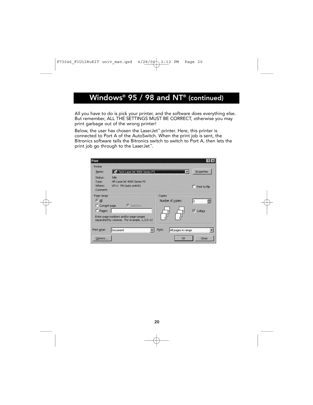 Belkin P73046, F1U128 user manual Windows 95 / 98 and NT 