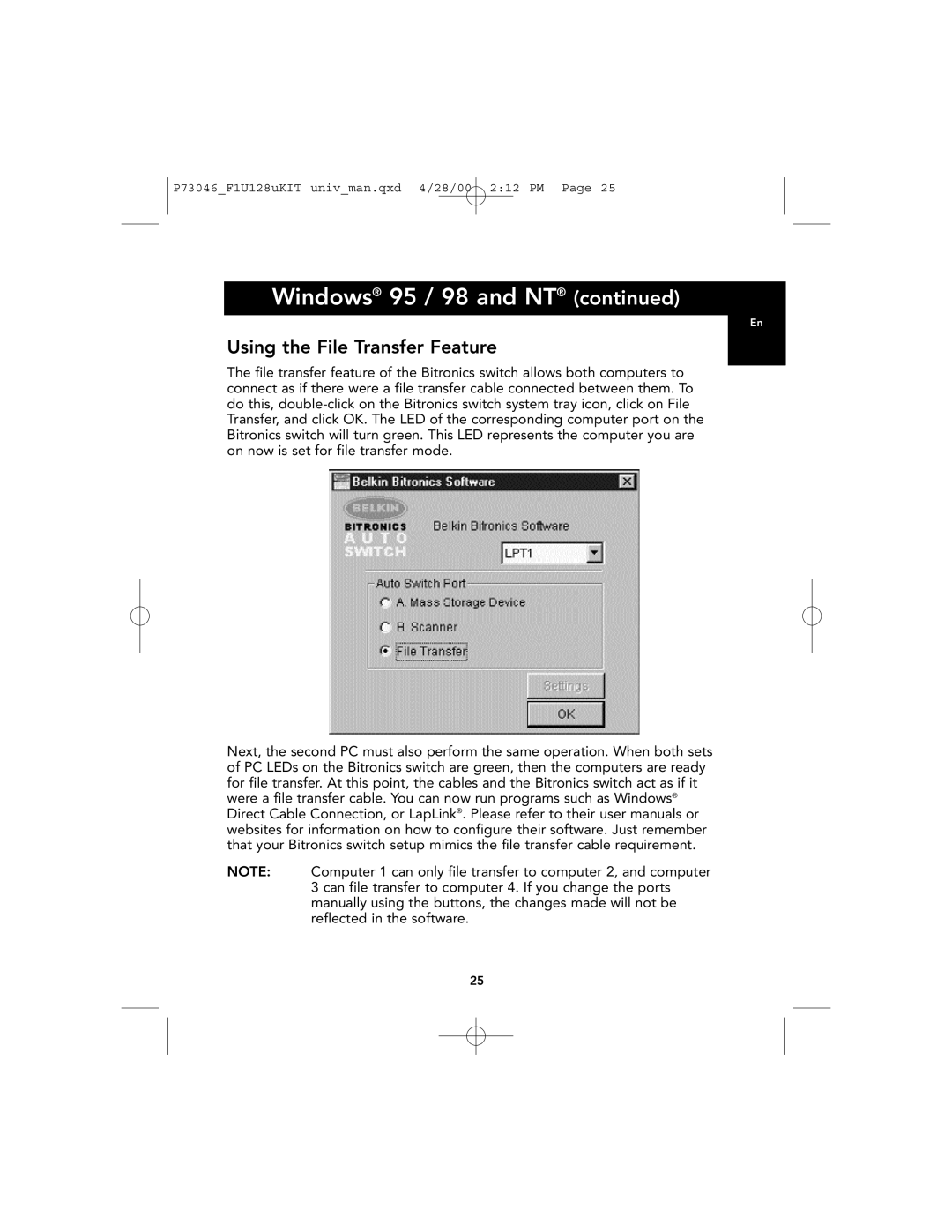 Belkin F1U128, P73046 user manual Using the File Transfer Feature 