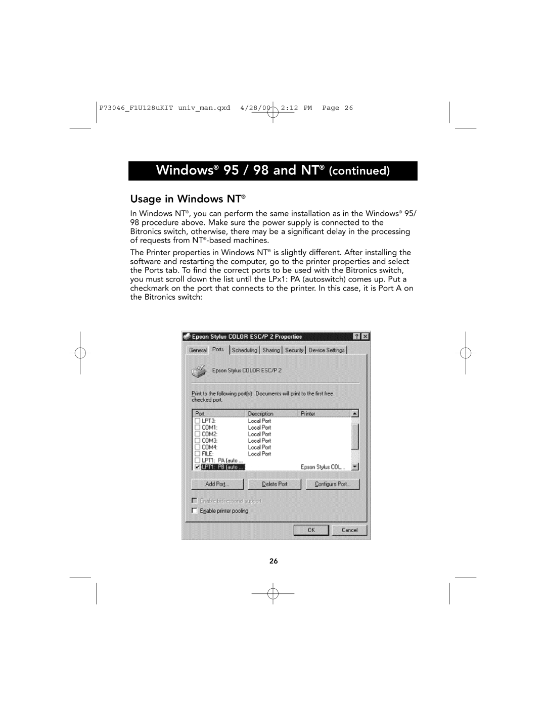 Belkin P73046, F1U128 user manual Usage in Windows NT 