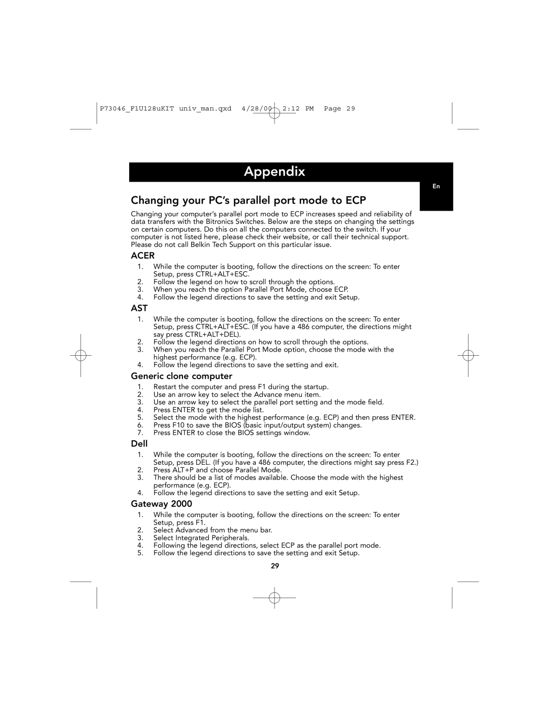 Belkin F1U128, P73046 Appendix, Changing your PC’s parallel port mode to ECP, Generic clone computer, Dell, Gateway 