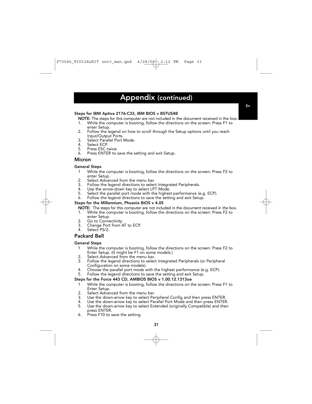 Belkin F1U128, P73046 user manual Micron, Packard Bell 