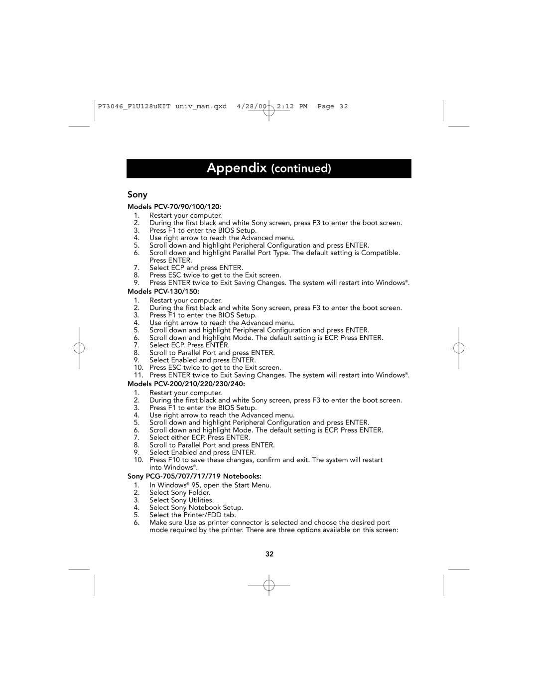 Belkin P73046, F1U128 user manual Sony 