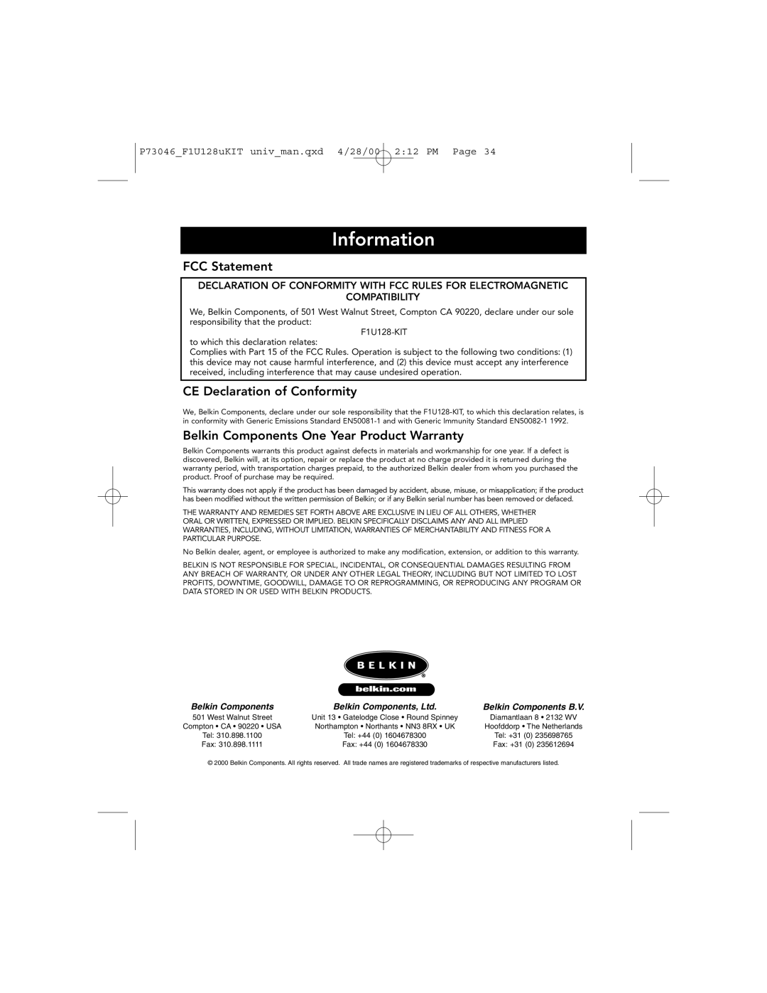 Belkin P73046 Information, FCC Statement, CE Declaration of Conformity, Belkin Components One Year Product Warranty 