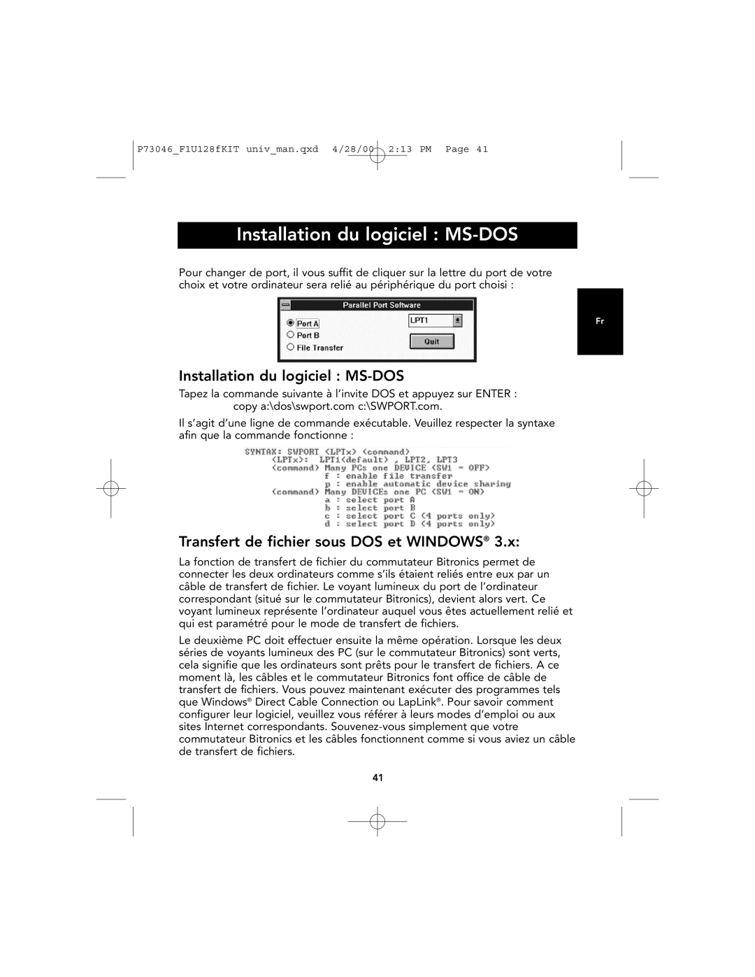 Belkin F1U128, P73046 user manual Installation du logiciel MS-DOS, Transfert de fichier sous DOS et Windows 