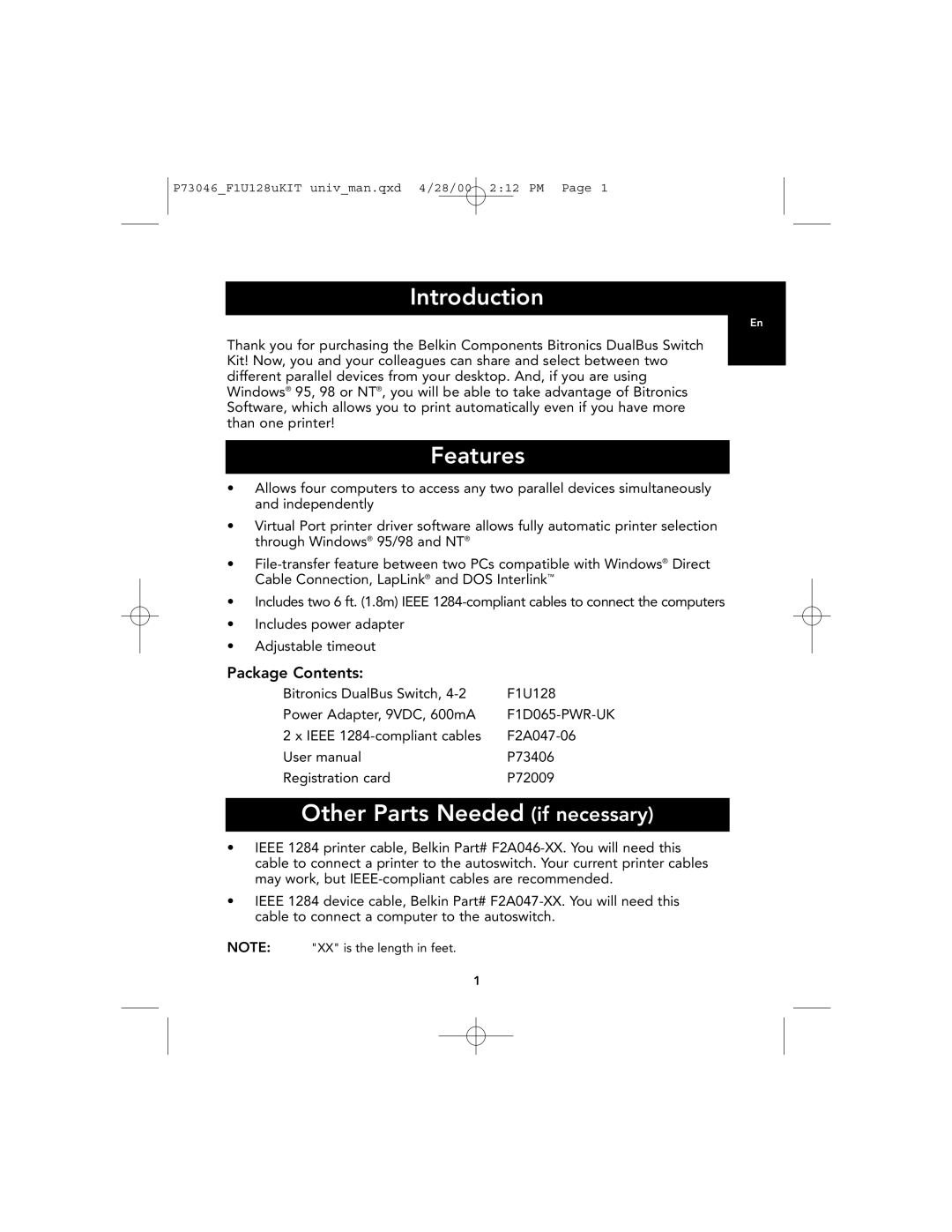 Belkin F1U128, P73046 user manual Introduction, Features, Other Parts Needed if necessary, Package Contents 