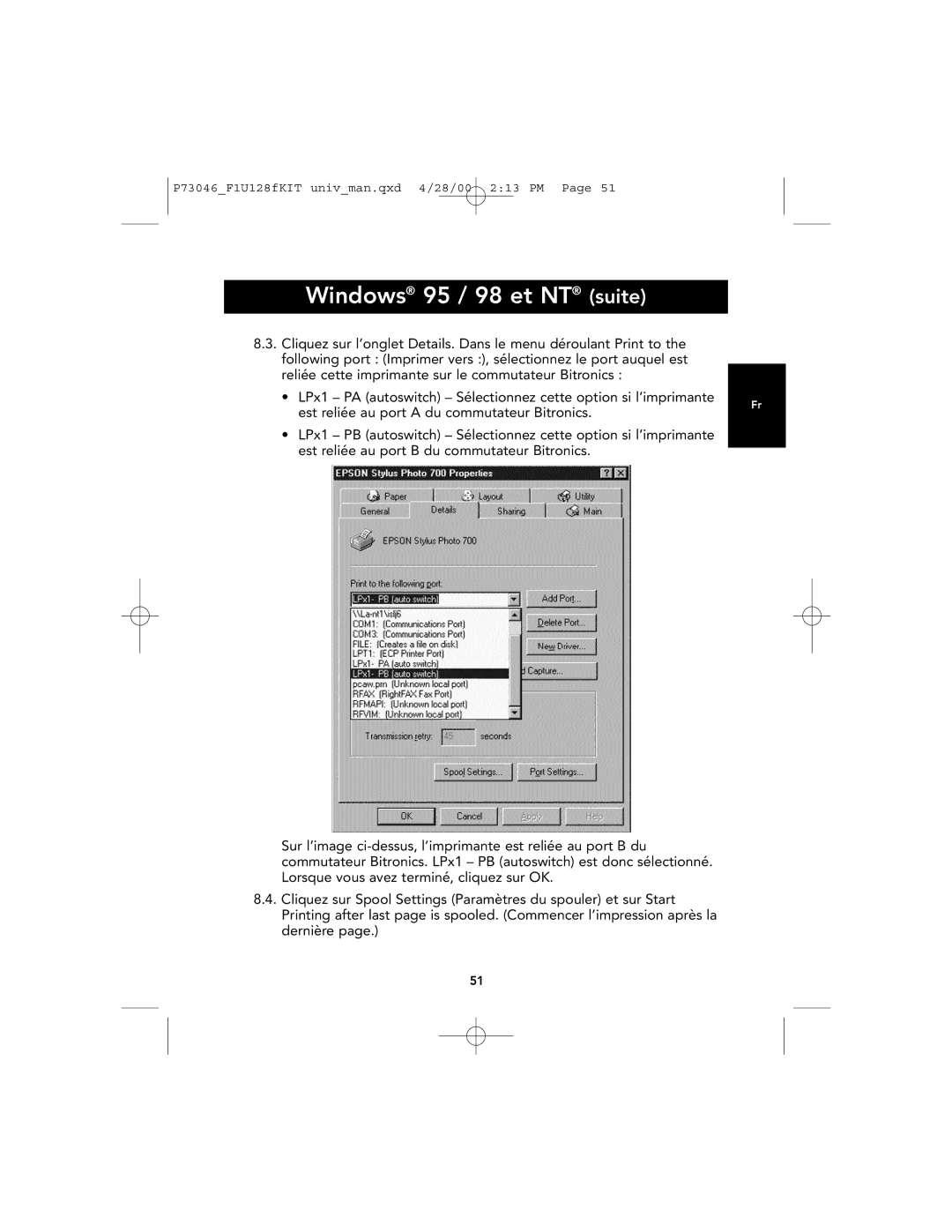 Belkin F1U128, P73046 user manual Windows 95 / 98 et NT suite 