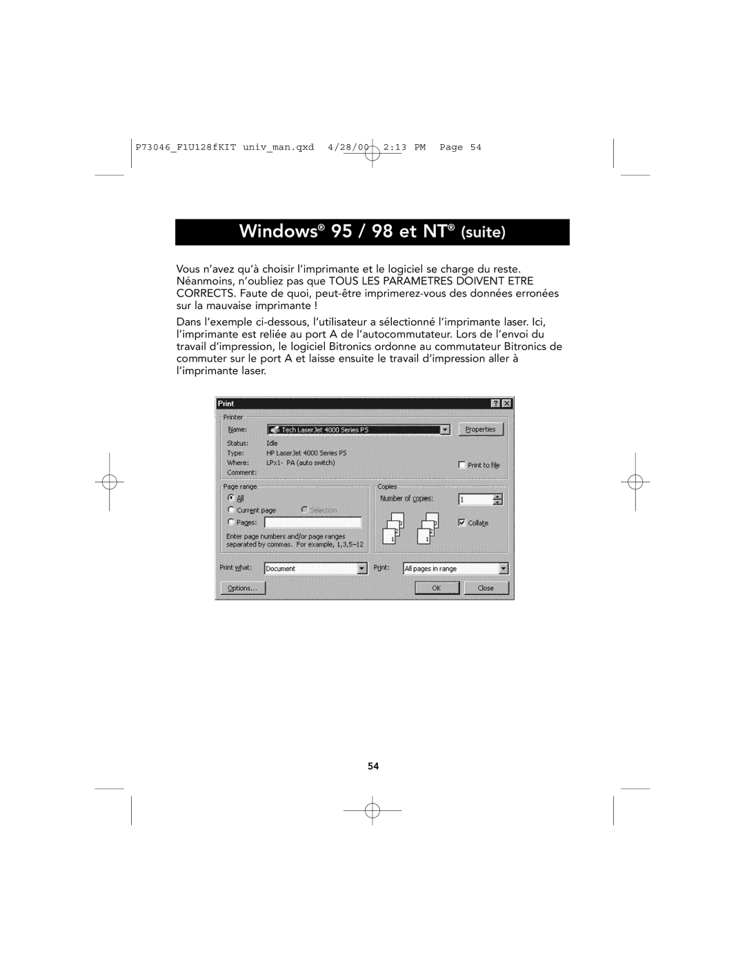 Belkin P73046, F1U128 user manual Windows 95 / 98 et NT suite 