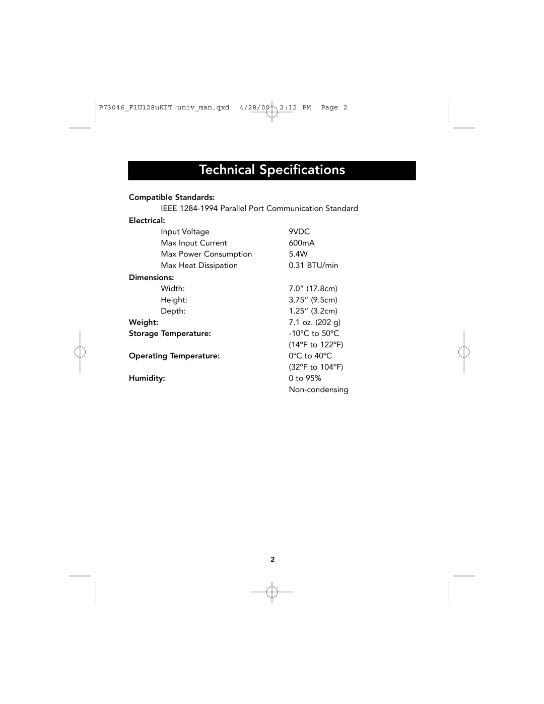 Belkin P73046, F1U128 user manual Technical Specifications, 9VDC 