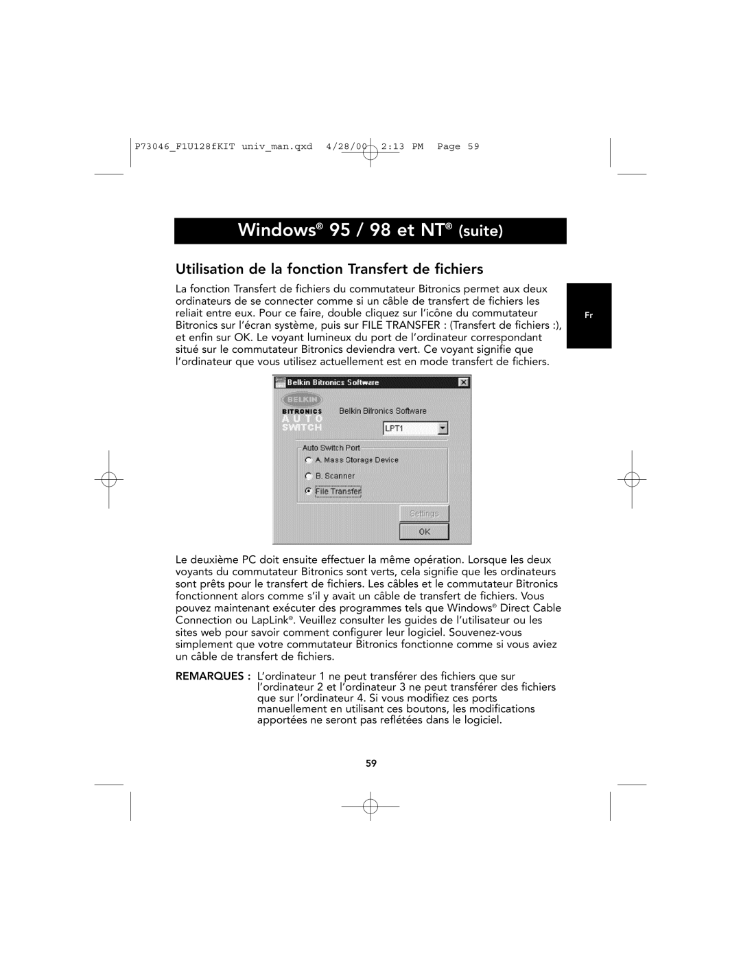 Belkin F1U128, P73046 user manual Utilisation de la fonction Transfert de fichiers 