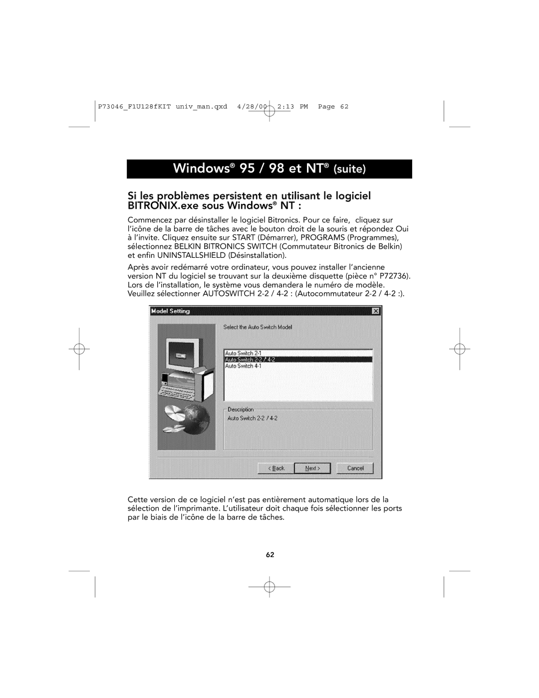 Belkin P73046, F1U128 user manual Windows 95 / 98 et NT suite 