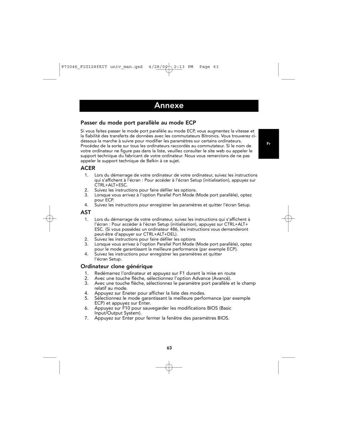 Belkin F1U128, P73046 user manual Annexe, Passer du mode port parallèle au mode ECP, Ordinateur clone générique 