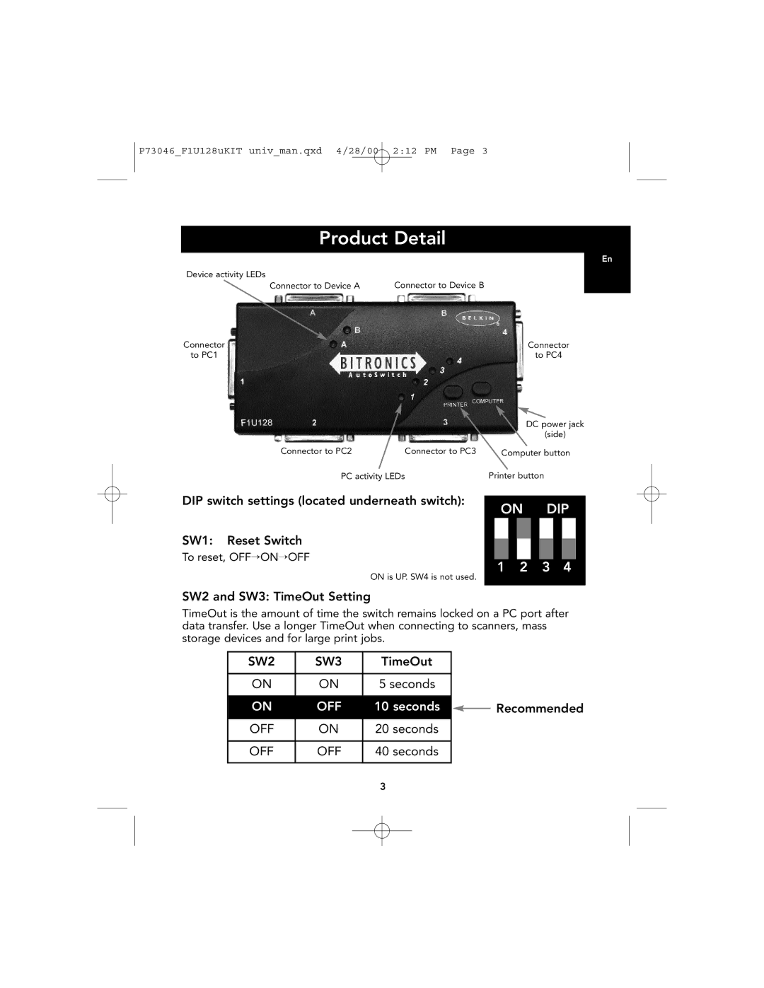 Belkin F1U128, P73046 user manual Product Detail, SW2 and SW3 TimeOut Setting, Seconds, Recommended 