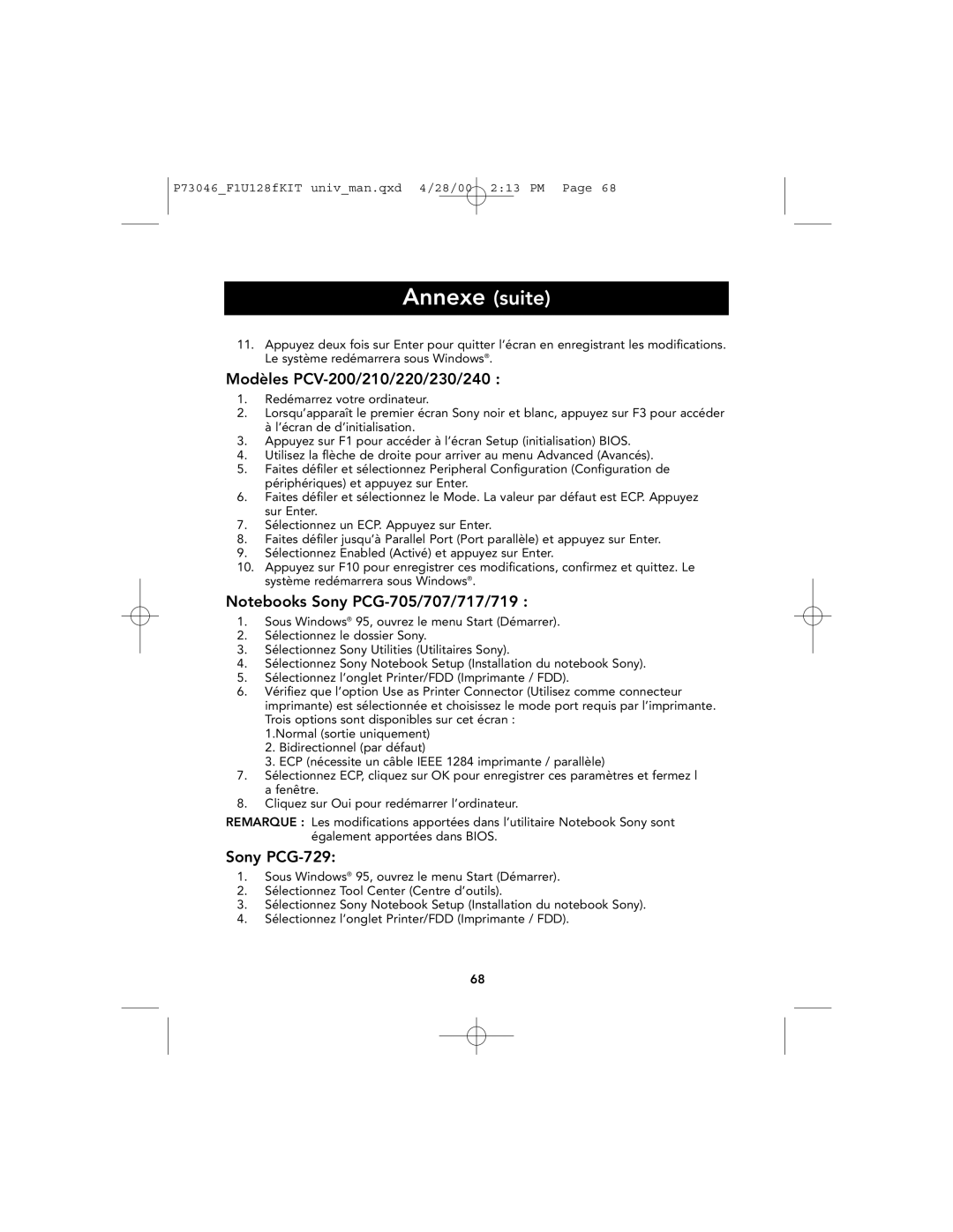 Belkin P73046, F1U128 user manual Modèles PCV-200/210/220/230/240, Sony PCG-729 