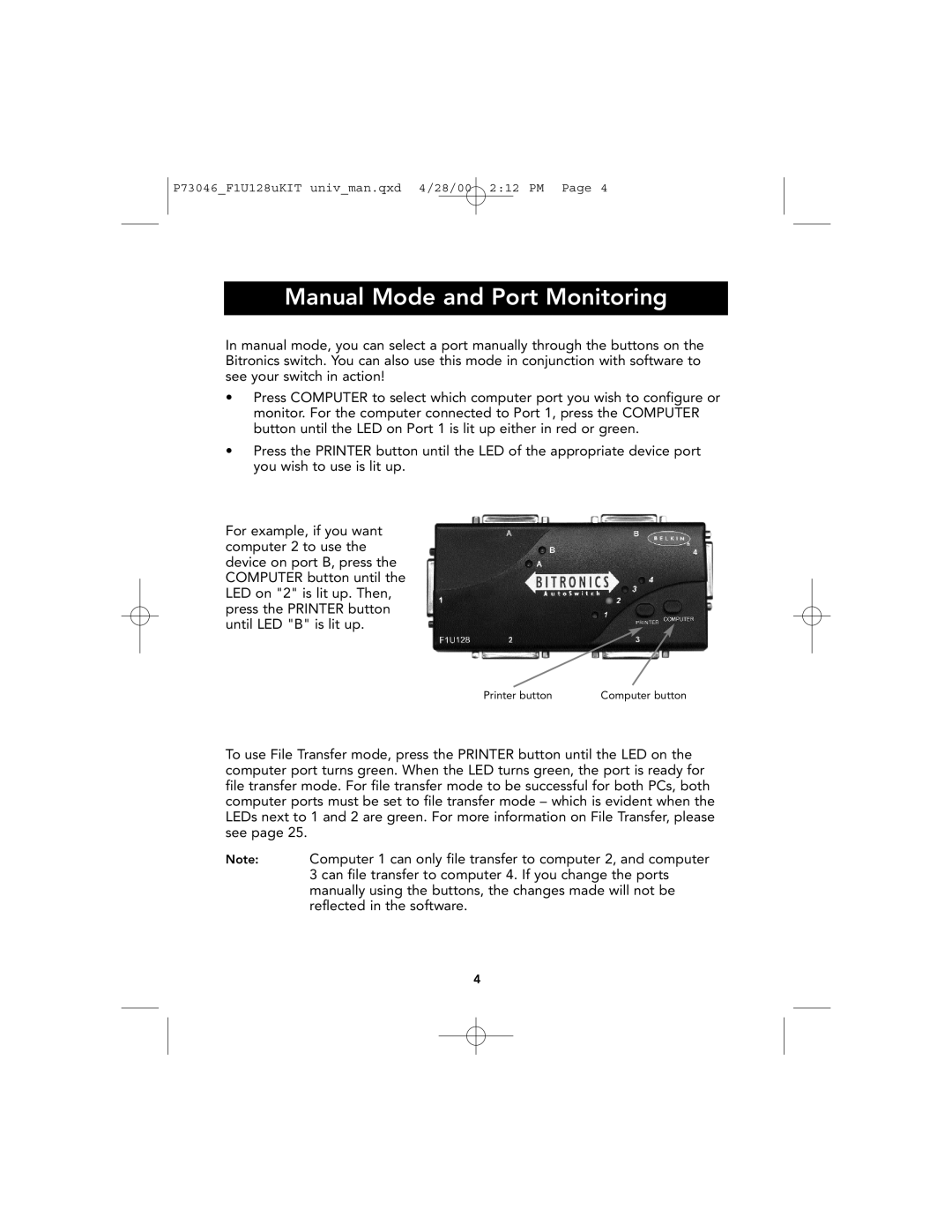 Belkin P73046, F1U128 user manual Manual Mode and Port Monitoring 