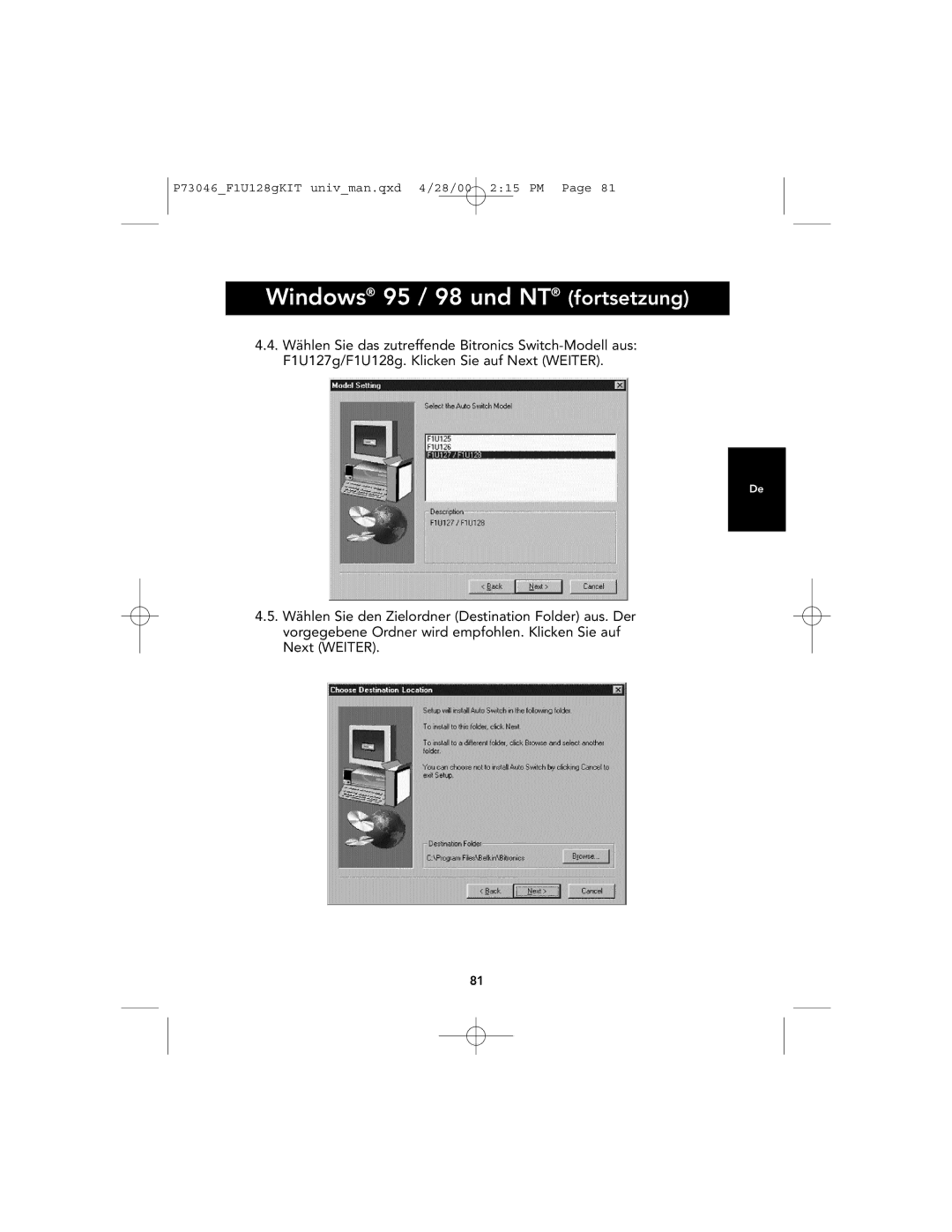 Belkin F1U128, P73046 user manual Windows 95 / 98 und NT fortsetzung 