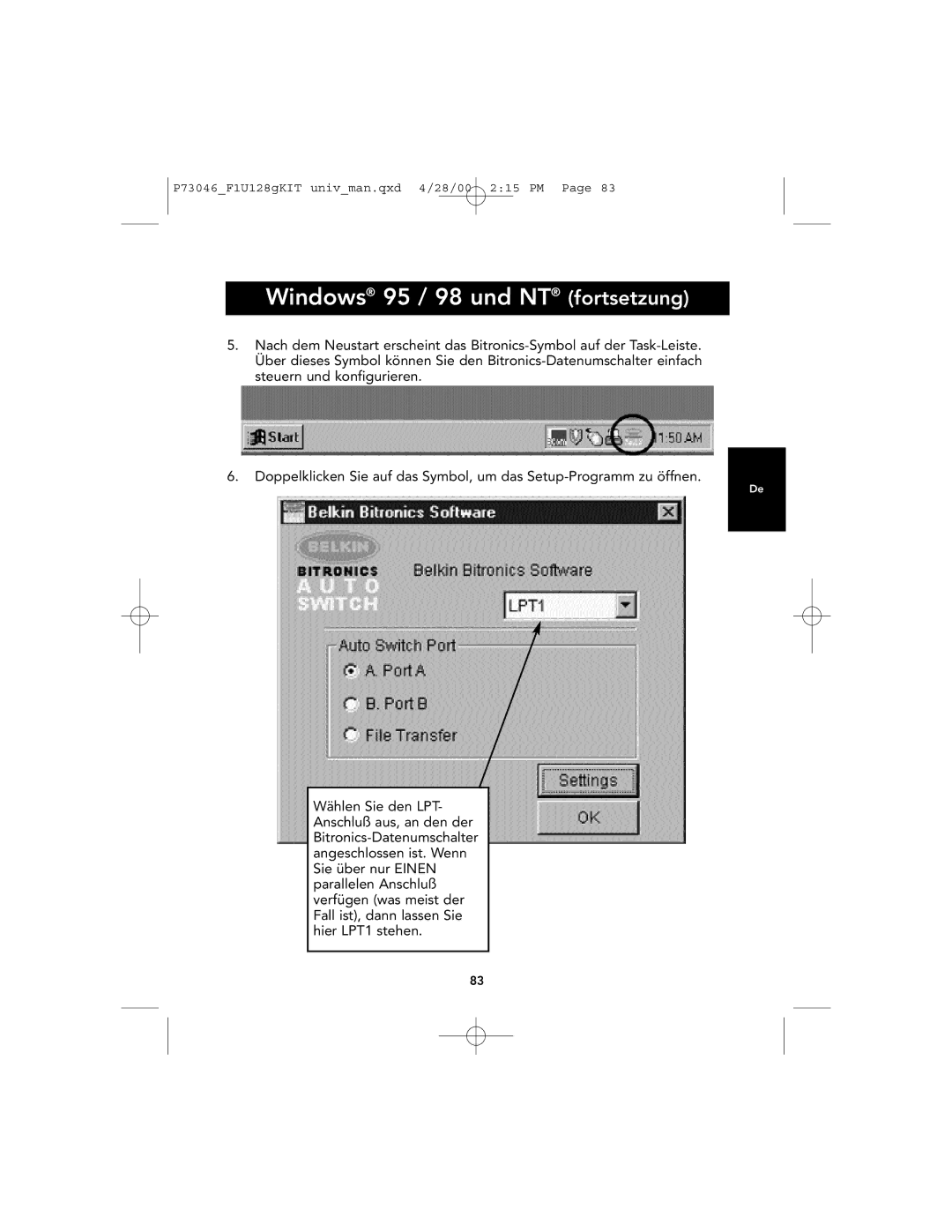 Belkin F1U128, P73046 user manual Windows 95 / 98 und NT fortsetzung 