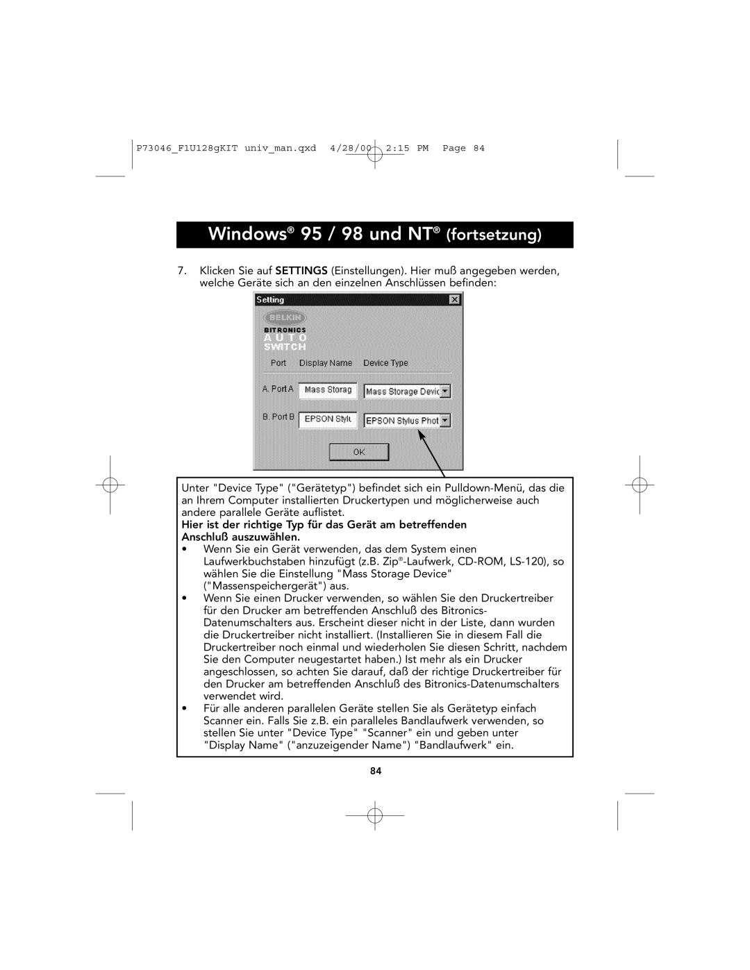 Belkin P73046, F1U128 user manual Windows 95 / 98 und NT fortsetzung 