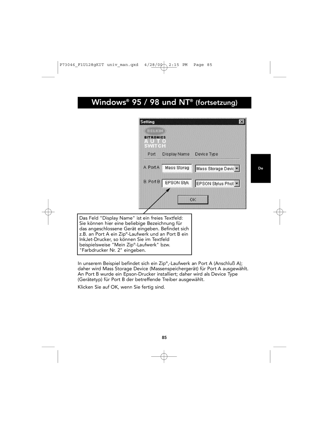 Belkin F1U128, P73046 user manual Windows 95 / 98 und NT fortsetzung 