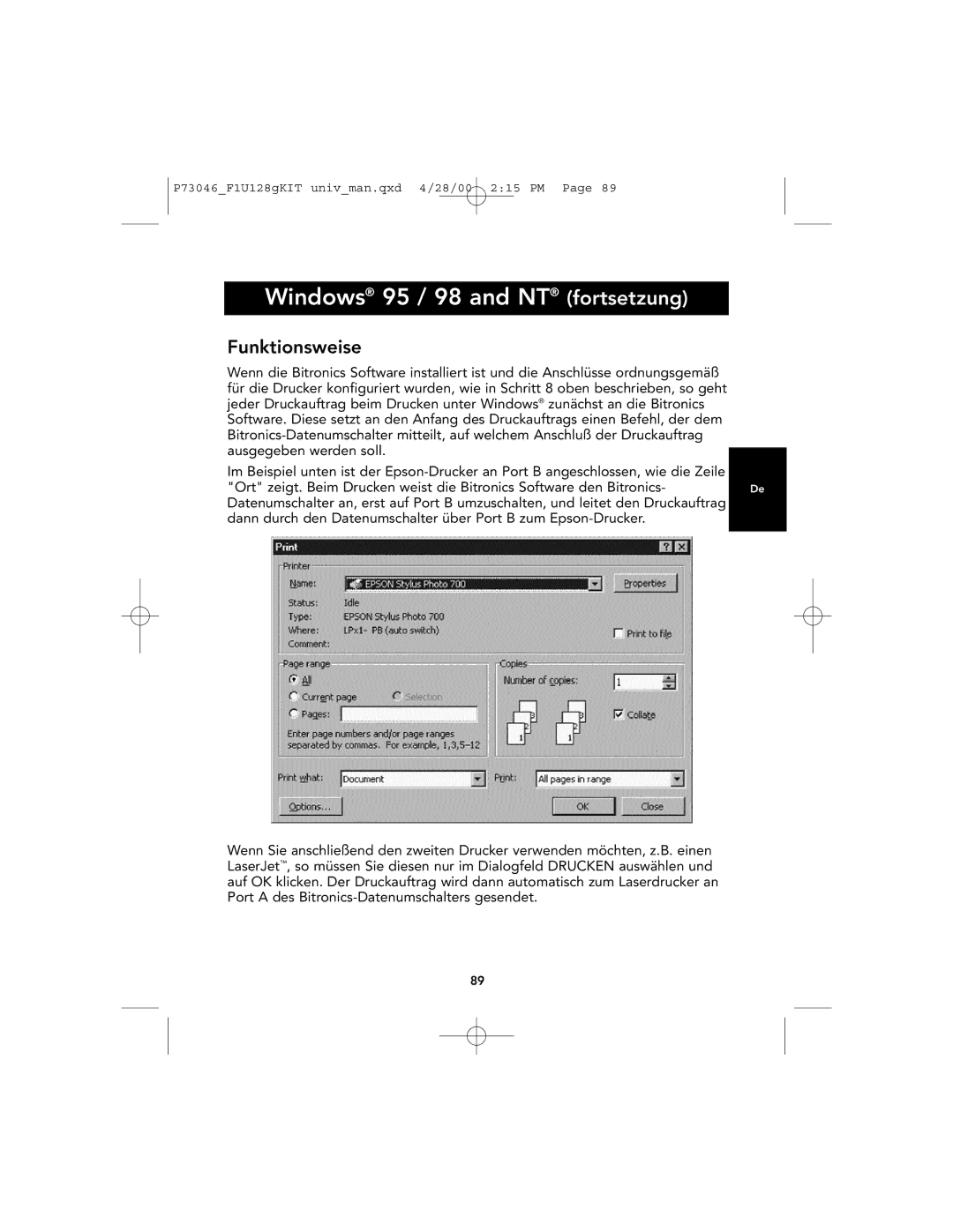 Belkin F1U128, P73046 user manual Windows 95 / 98 and NT fortsetzung, Funktionsweise 