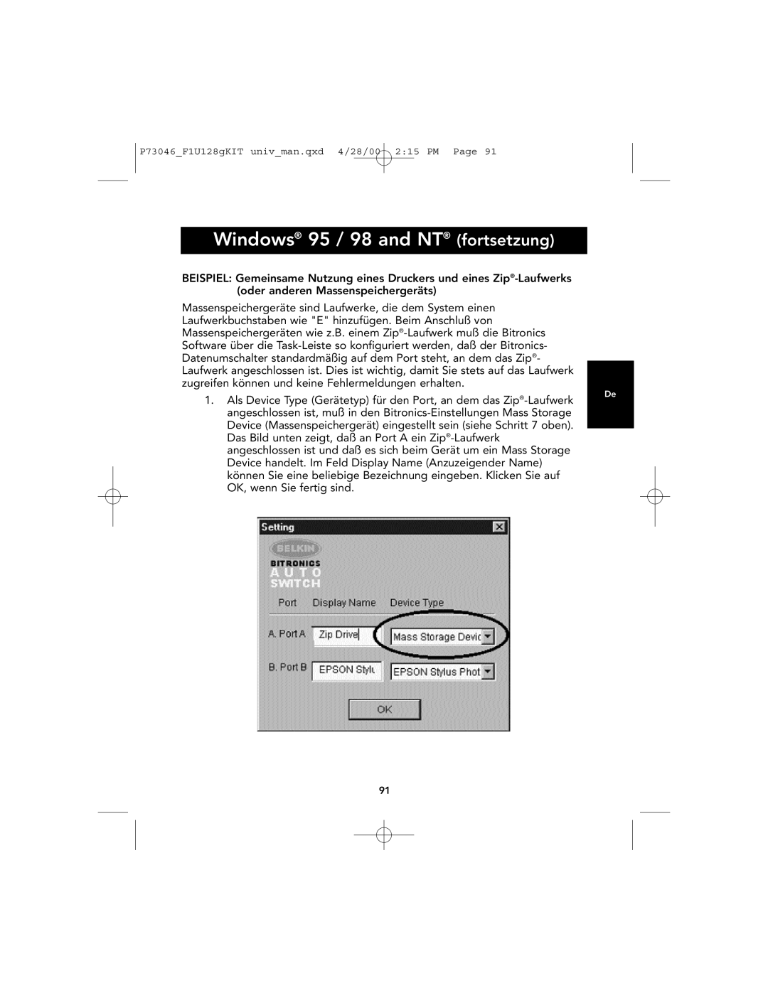 Belkin F1U128, P73046 user manual Windows 95 / 98 and NT fortsetzung 