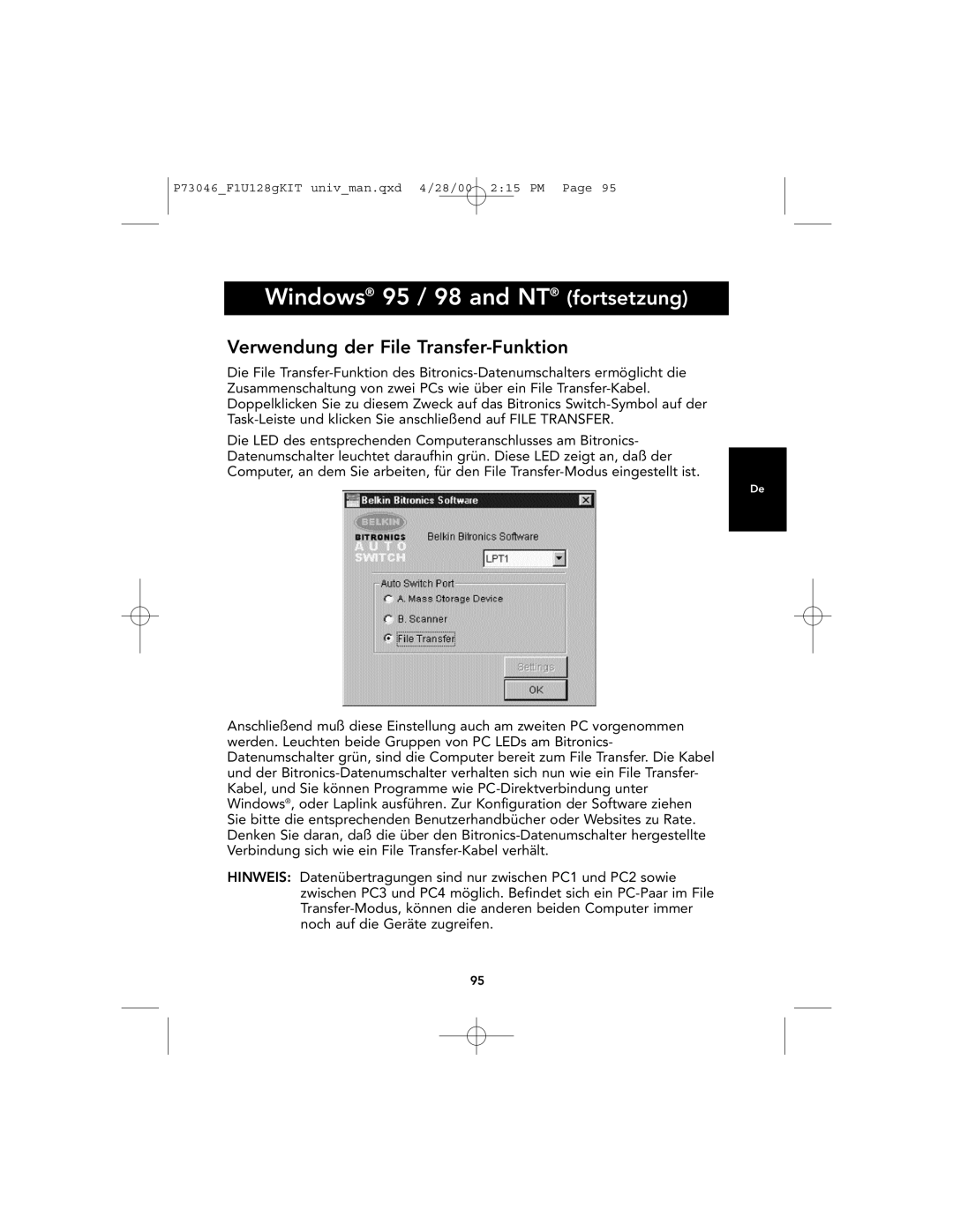 Belkin F1U128, P73046 user manual Verwendung der File Transfer-Funktion 