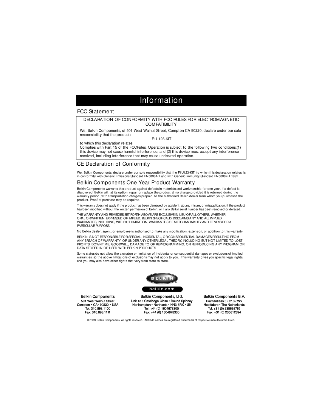Belkin P73075 Information, FCC Statement, CE Declaration of Conformity, Belkin Components One Year Product Warranty 