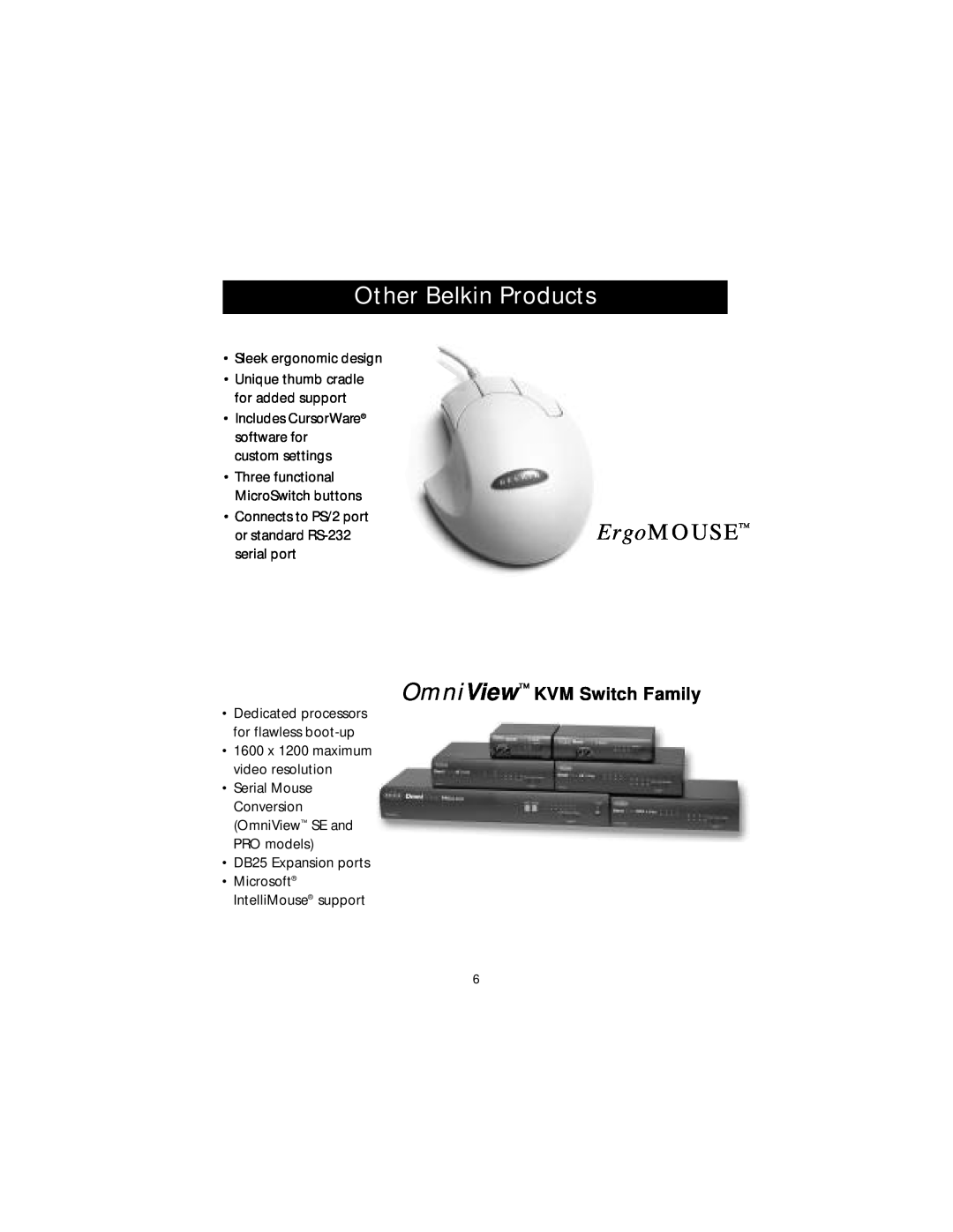 Belkin P73075, F1U123-KIT user manual Other Belkin Products, ErgoMOUSE, OmniView KVM Switch Family 