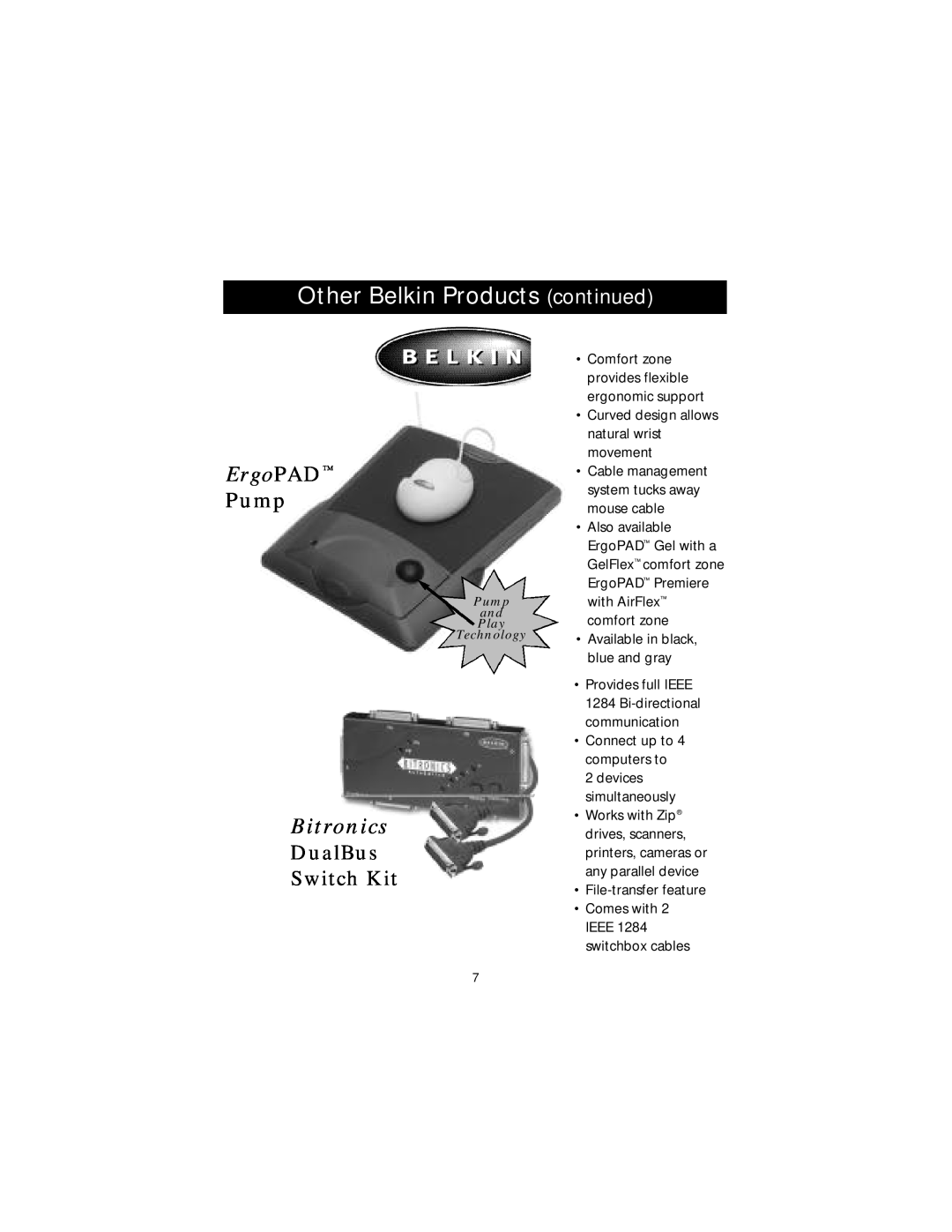Belkin F1U123-KIT, P73075 user manual Other Belkin Products continued, ErgoPAD, Pump, Bitronics, DualBus Switch Kit 
