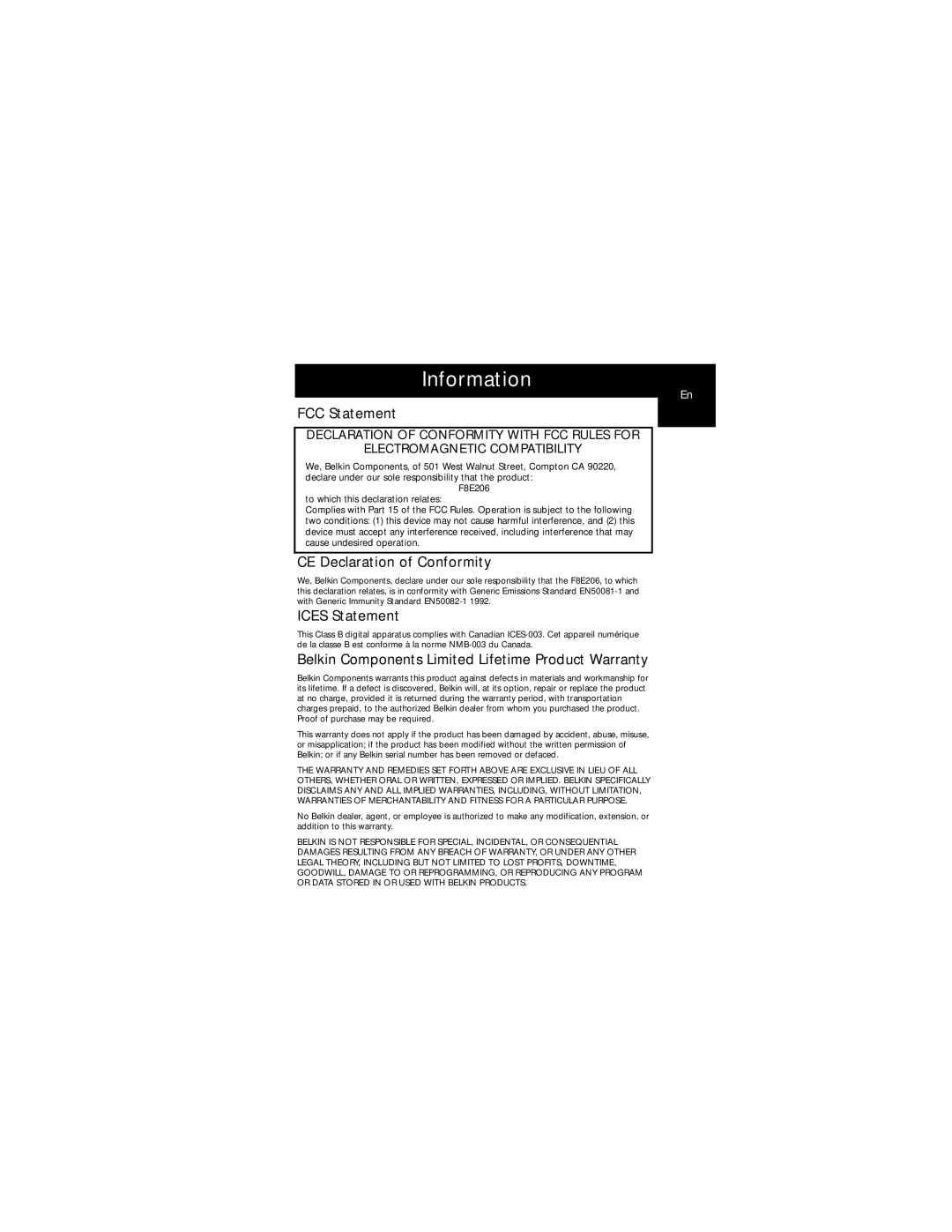 Belkin P73092 user manual Information, FCC Statement, CE Declaration of Conformity, ICES Statement 