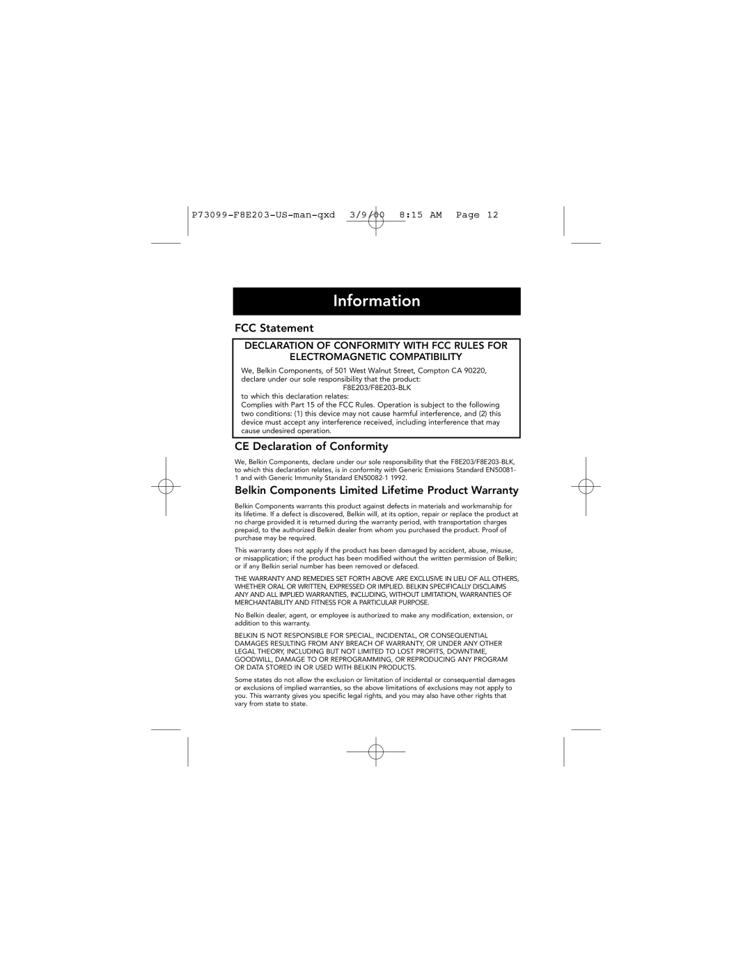 Belkin F8E203-BLK, P73099 user manual Information, FCC Statement, CE Declaration of Conformity 