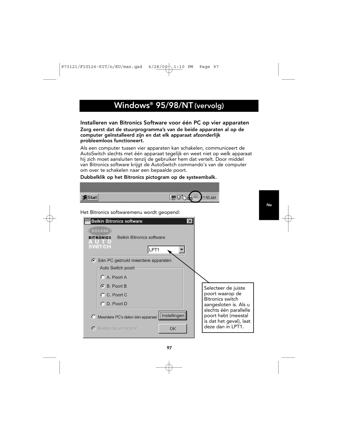 Belkin P73121, F1U126-KIT Windows 95/98/NT vervolg, Installeren van Bitronics Software voor één PC op vier apparaten 