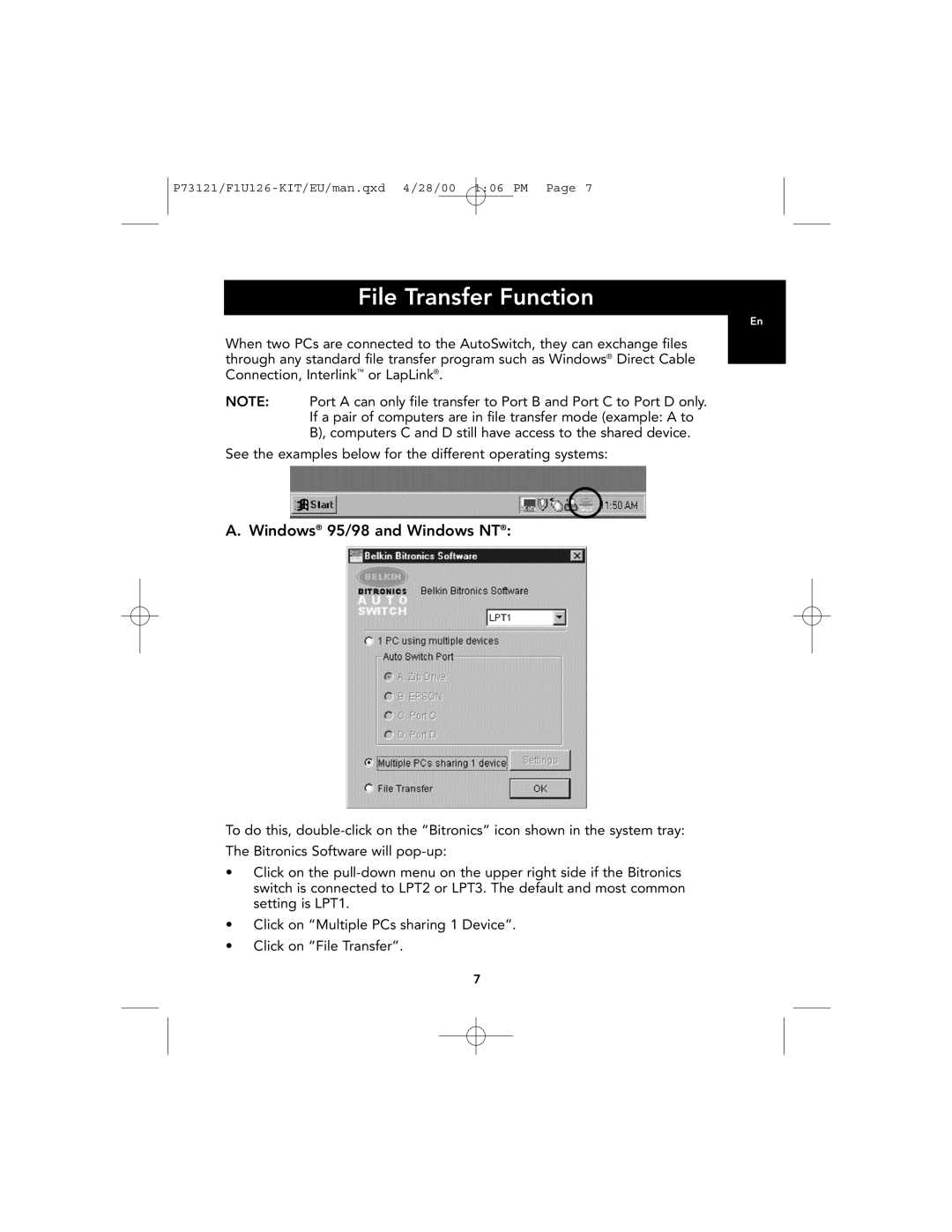 Belkin F1U126-KIT, P73121 user manual File Transfer Function, A. Windows 95/98 and Windows NT 