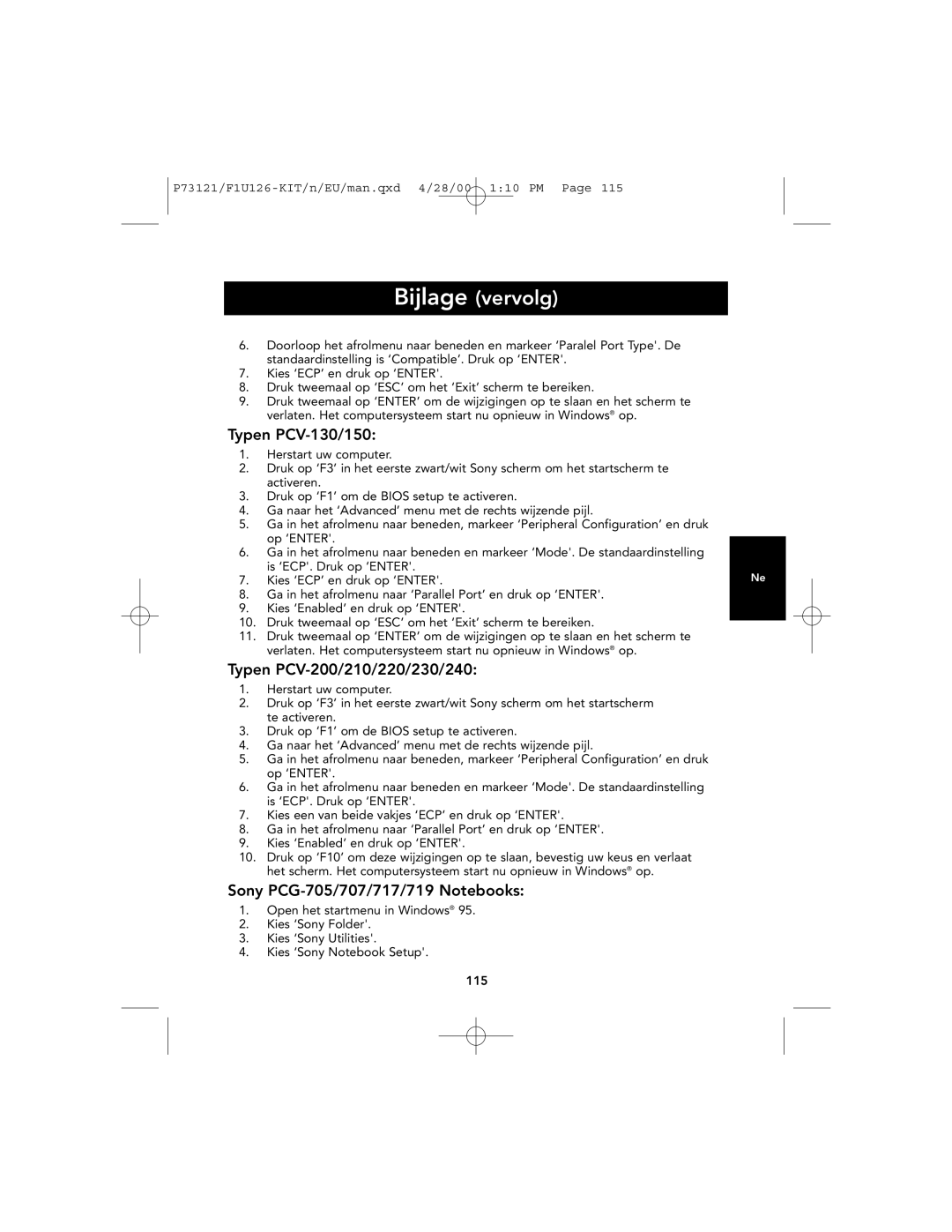 Belkin P73121, F1U126-KIT user manual Bijlage vervolg, Kies ‘ECP’ en druk op ‘ENTER 