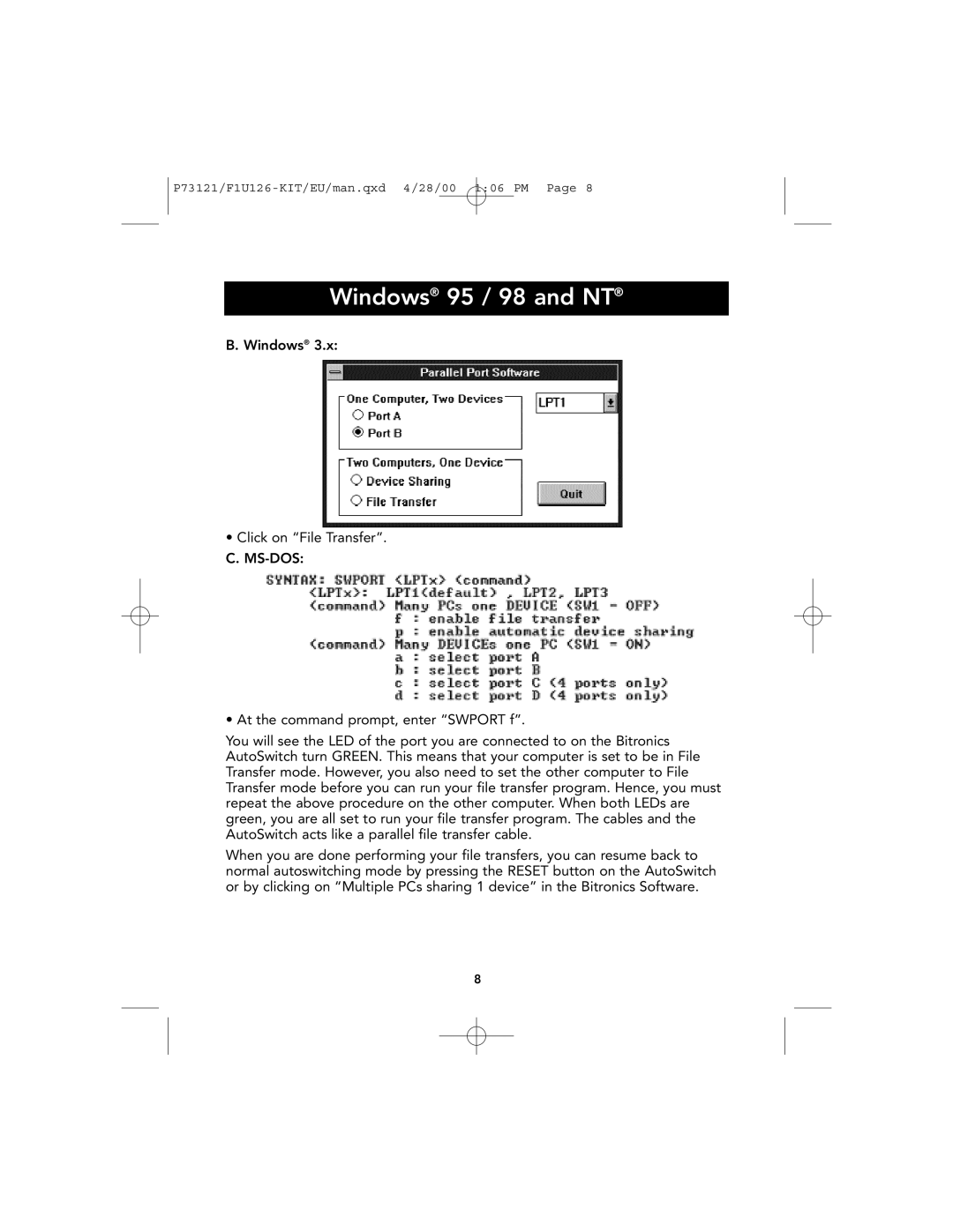 Belkin P73121, F1U126-KIT user manual Windows 95 / 98 and NT 