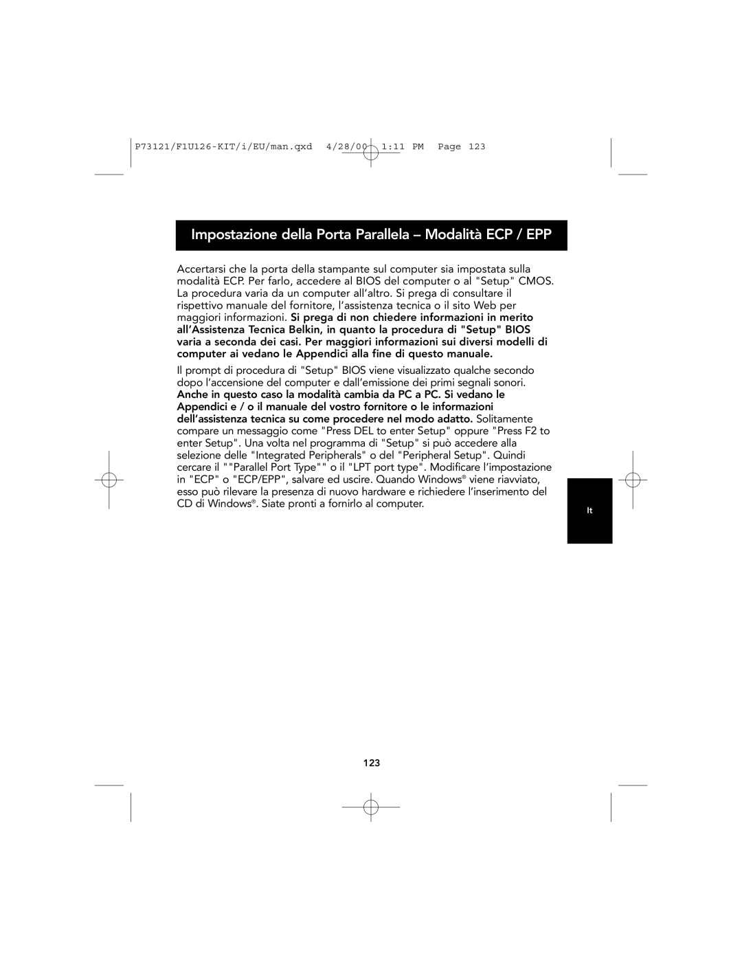 Belkin F1U126-KIT, P73121 user manual Impostazione della Porta Parallela - Modalità ECP / EPP 
