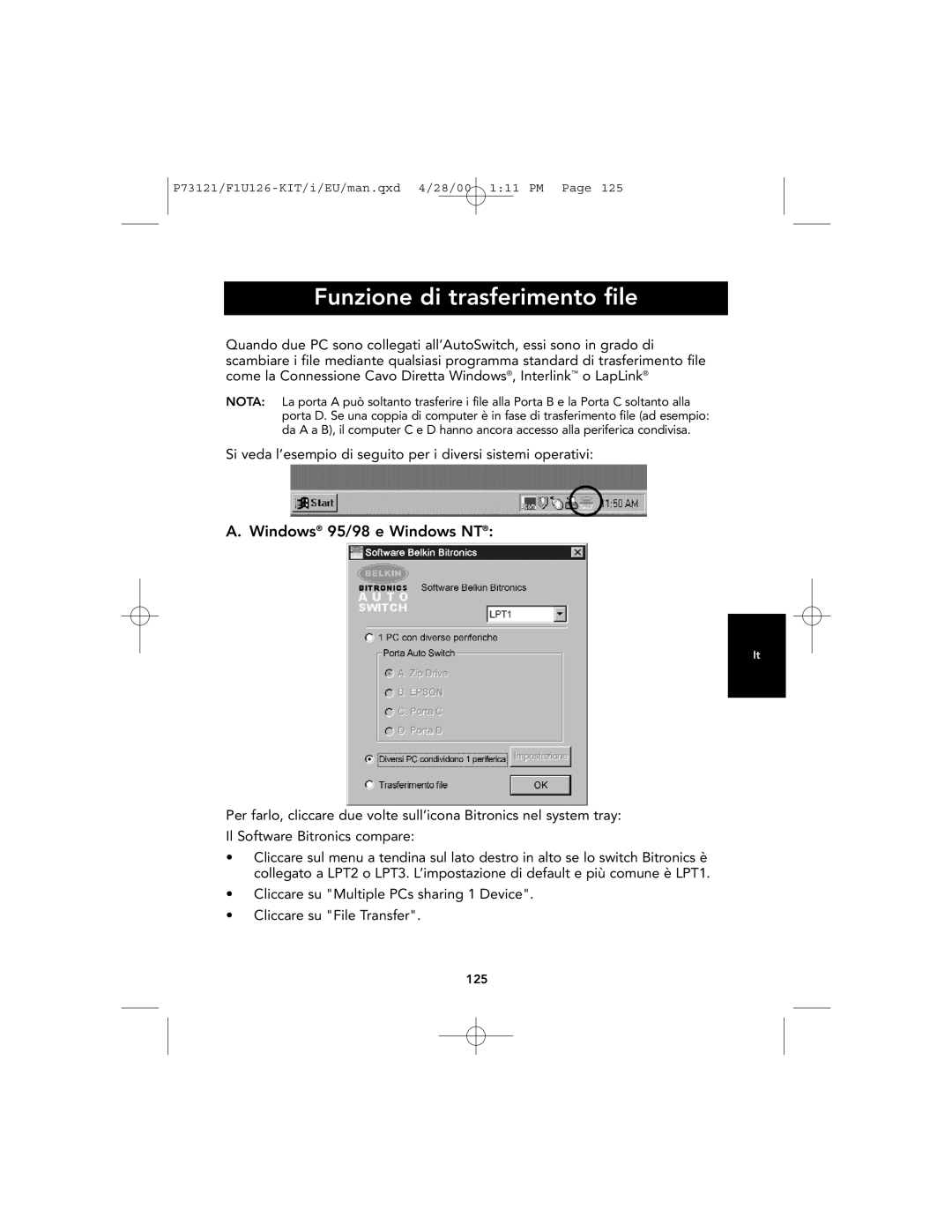 Belkin F1U126-KIT, P73121 user manual Funzione di trasferimento file, A. Windows 95/98 e Windows NT 