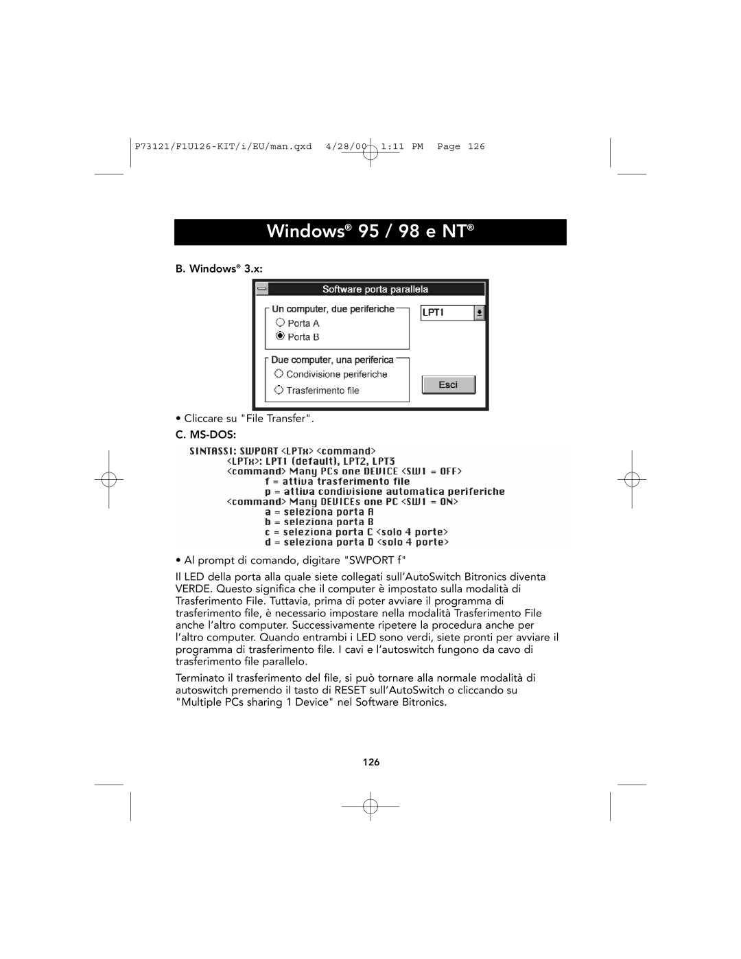 Belkin P73121, F1U126-KIT user manual Windows 95 / 98 e NT 