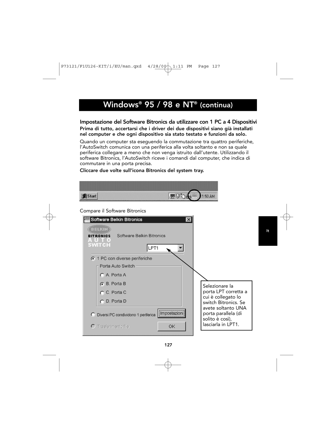 Belkin F1U126-KIT, P73121 user manual Windows 95 / 98 e NT continua 