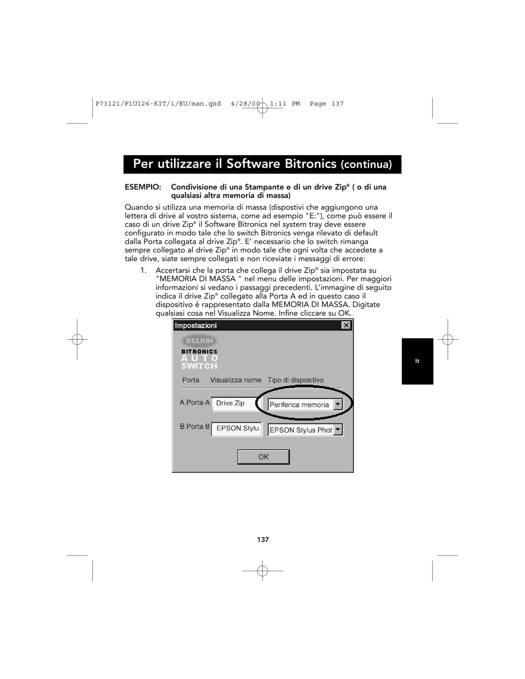 Belkin F1U126-KIT, P73121 user manual Per utilizzare il Software Bitronics continua 
