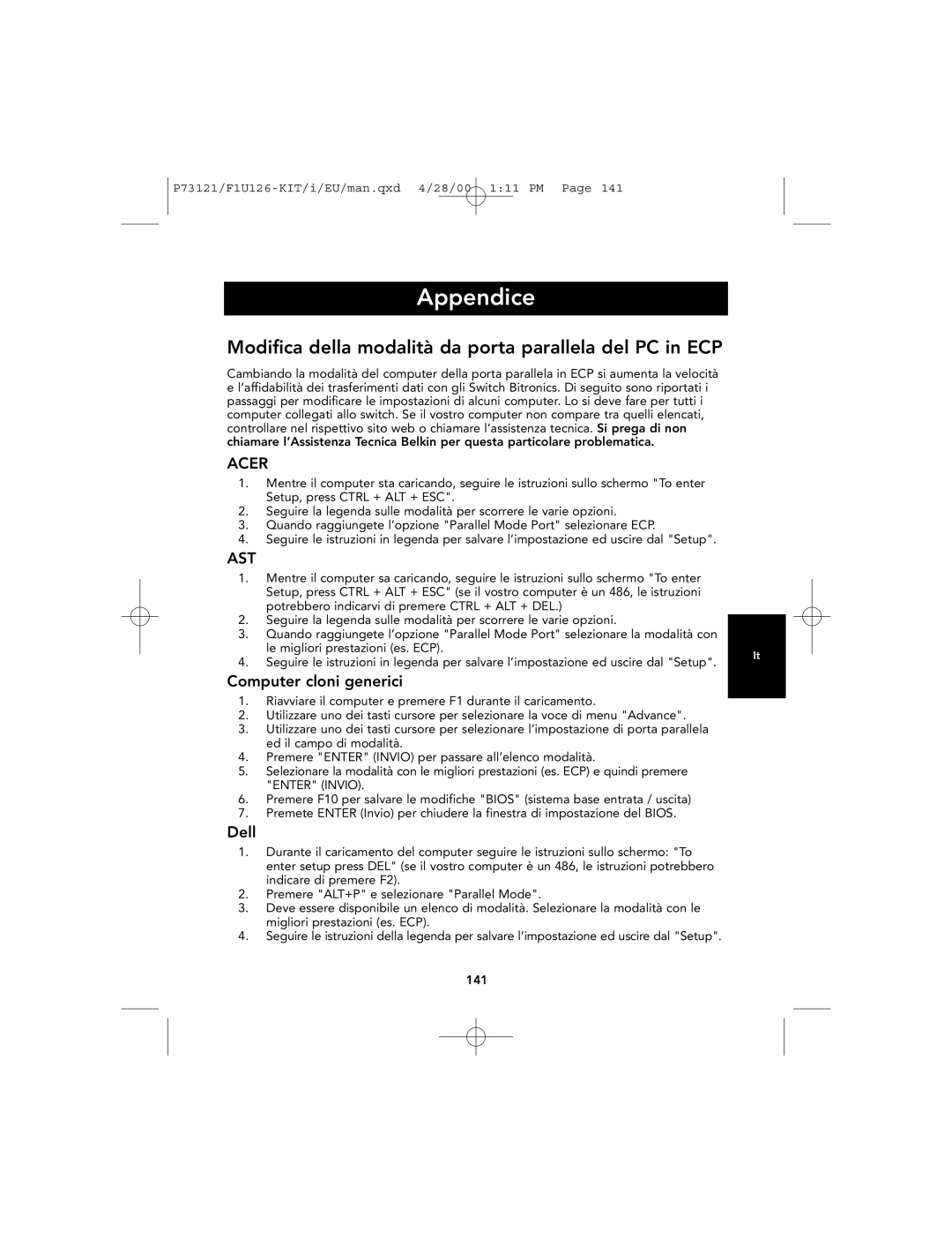 Belkin F1U126-KIT, P73121 user manual Appendice, Modifica della modalità da porta parallela del PC in ECP 