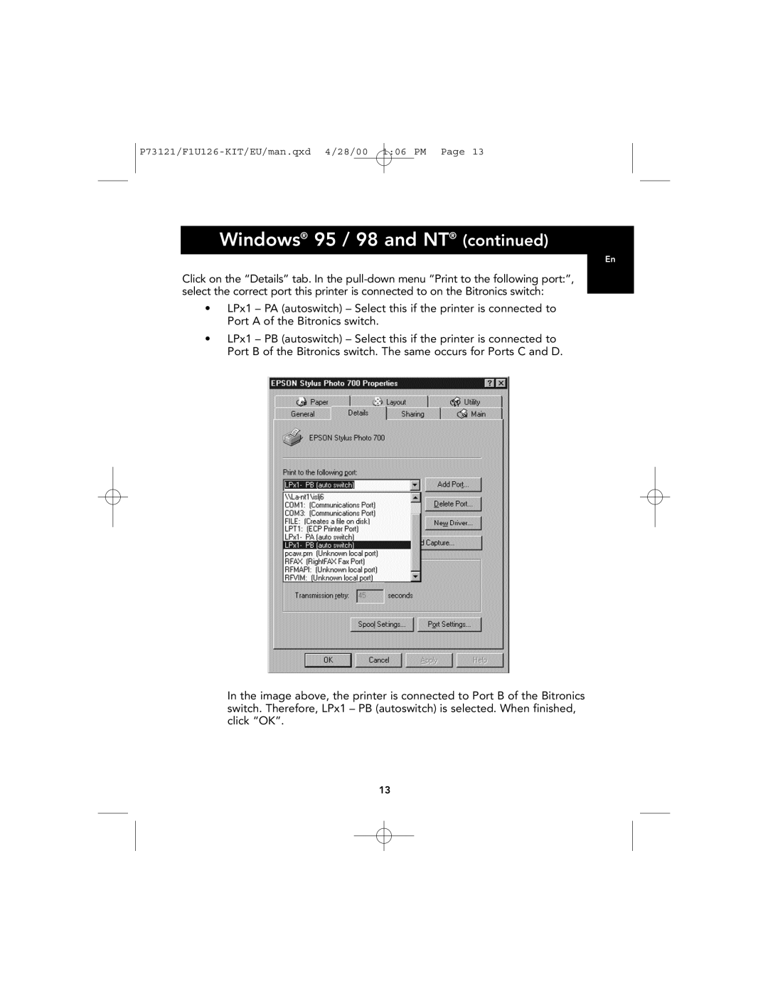 Belkin F1U126-KIT, P73121 user manual Windows 95 / 98 and NT continued 