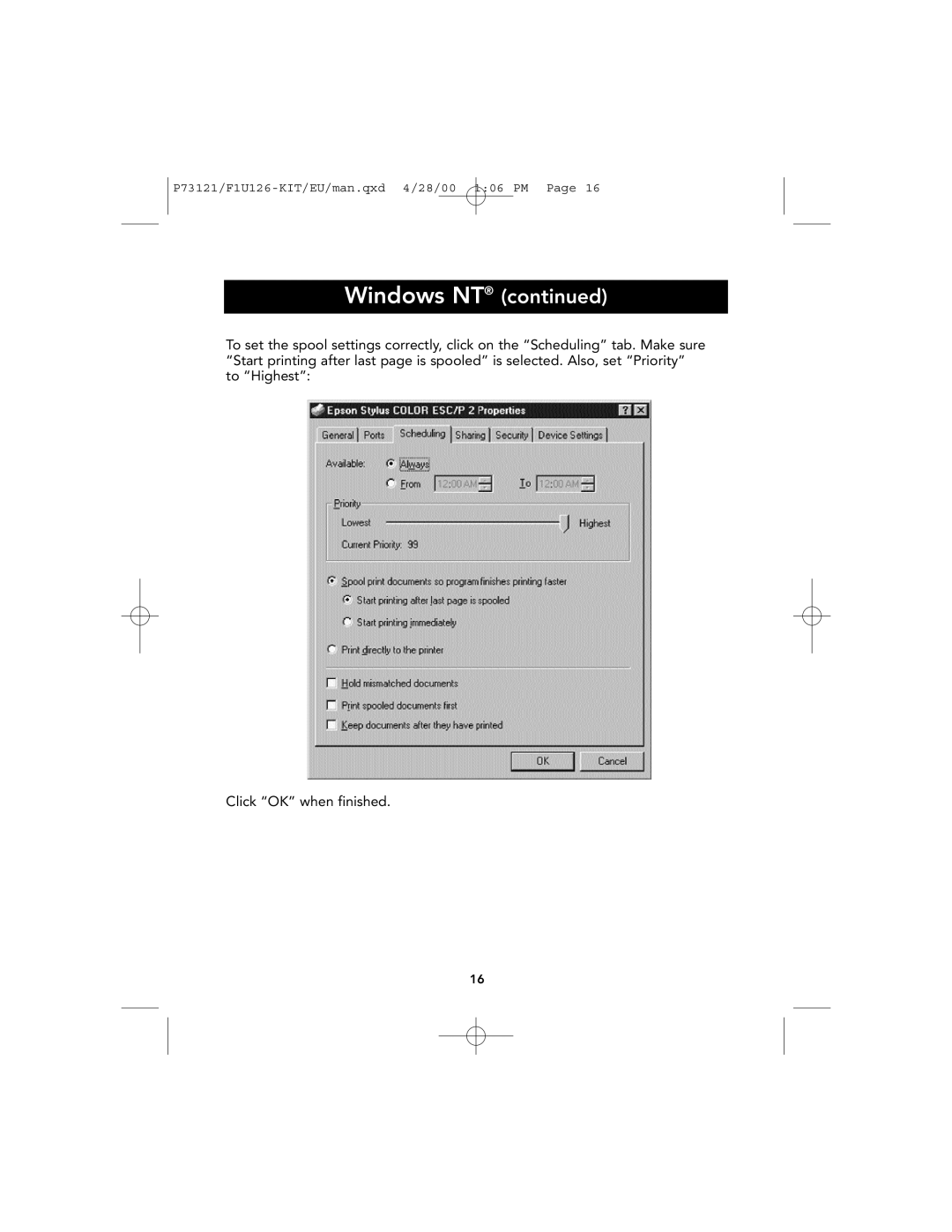 Belkin user manual Windows NT continued, Click “OK” when finished, P73121/F1U126-KIT/EU/man.qxd 4/28/00 106 PM Page 