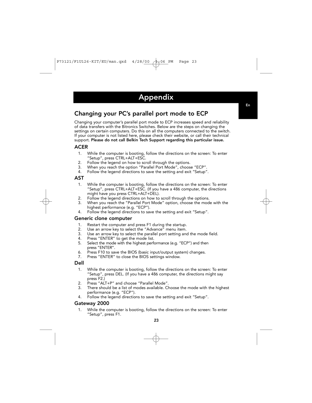 Belkin F1U126-KIT, P73121 user manual Appendix, Changing your PC’s parallel port mode to ECP 