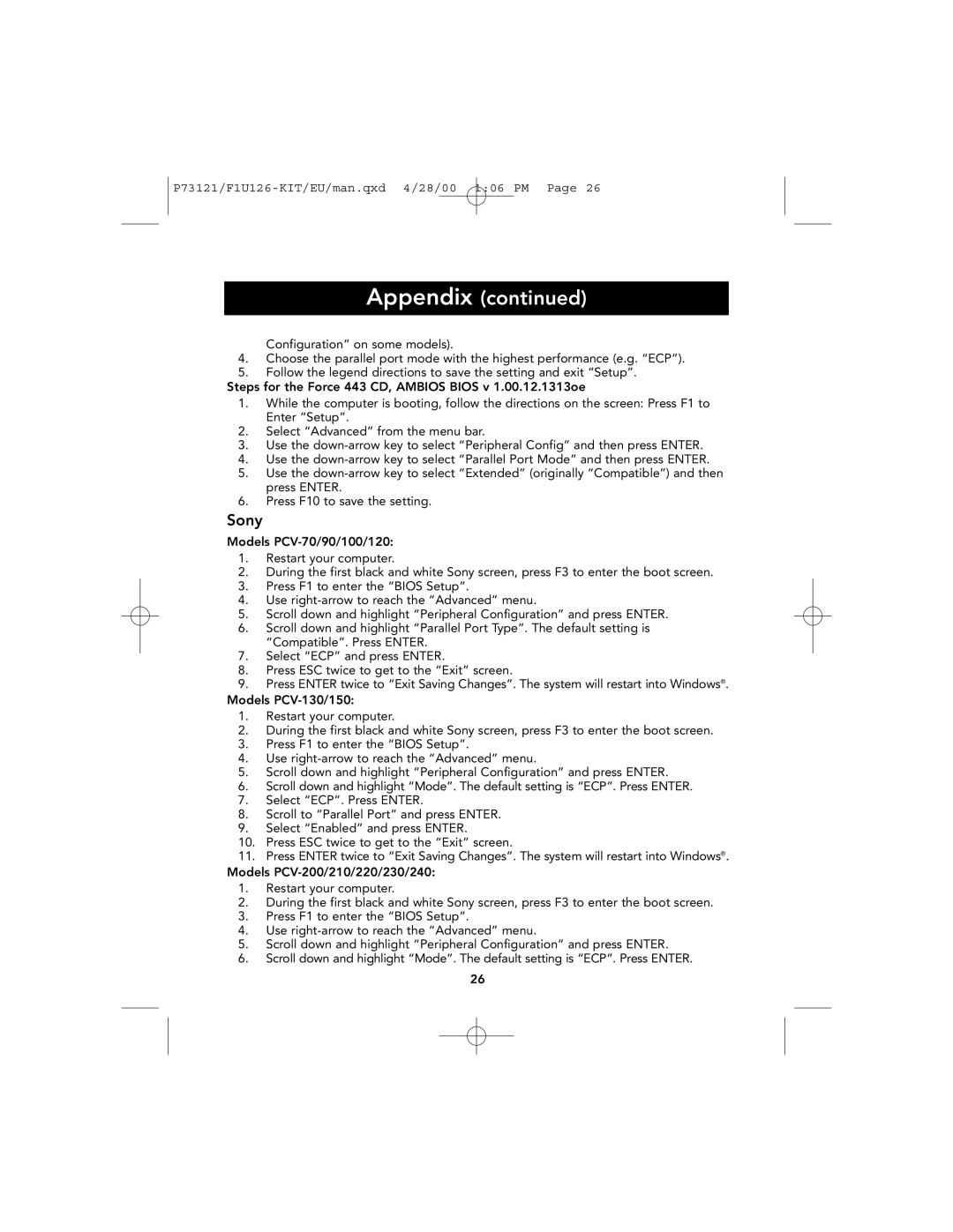 Belkin P73121, F1U126-KIT user manual Appendix continued, Sony 