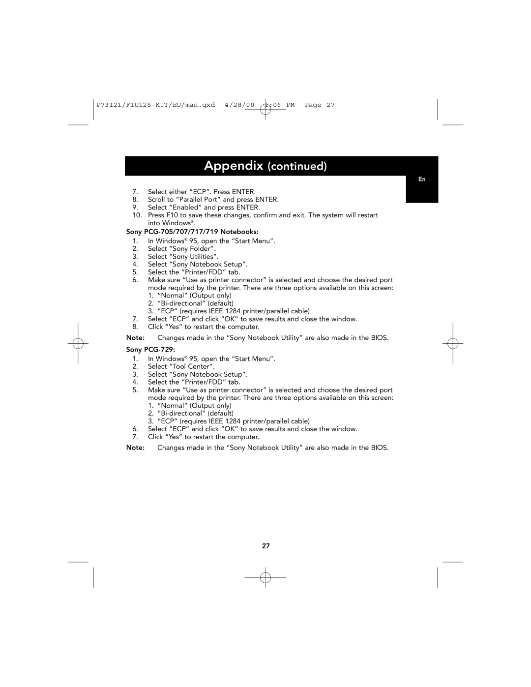 Belkin user manual Appendix continued, P73121/F1U126-KIT/EU/man.qxd 4/28/00 106 PM Page 
