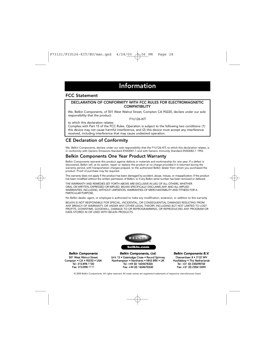 Belkin P73121 Information, FCC Statement, CE Declaration of Conformity, Belkin Components One Year Product Warranty 