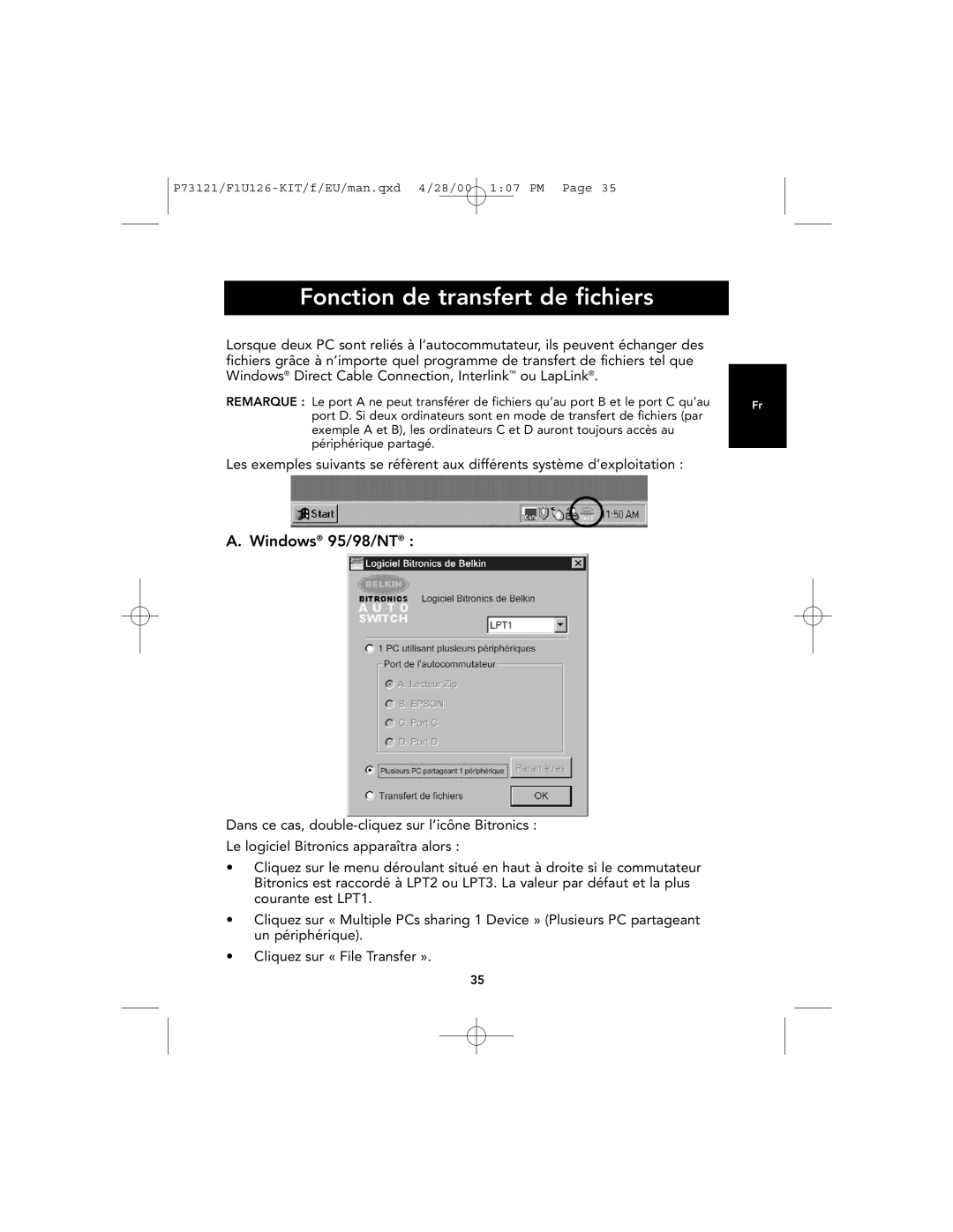Belkin F1U126-KIT, P73121 user manual Fonction de transfert de fichiers, A. Windows 95/98/NT 