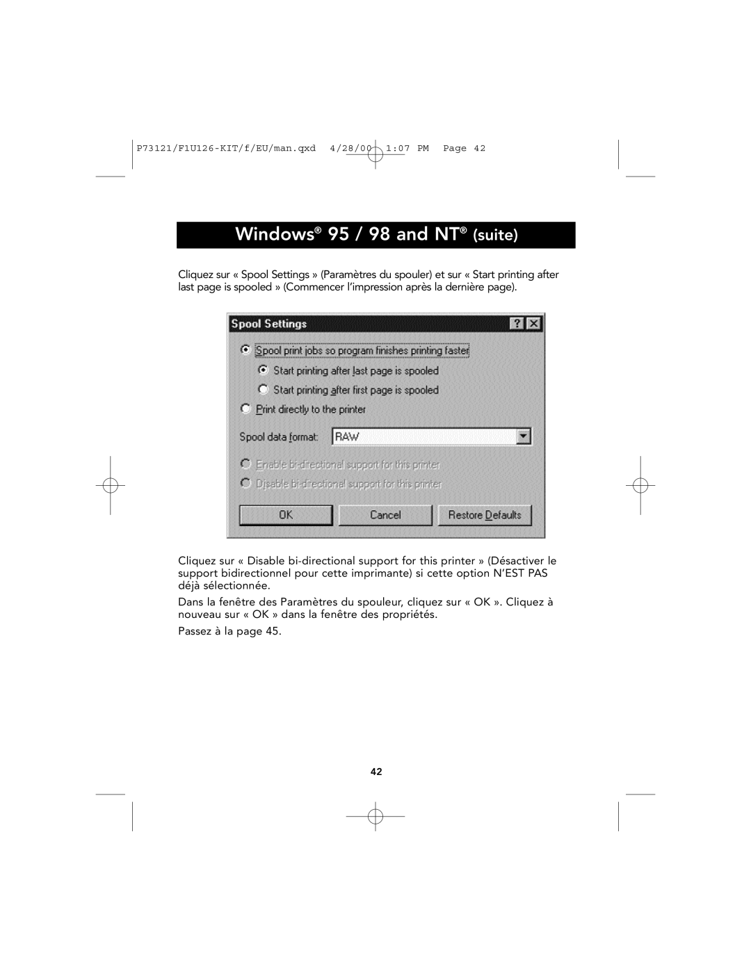 Belkin P73121, F1U126-KIT user manual Windows 95 / 98 and NT suite, Passez à la page 