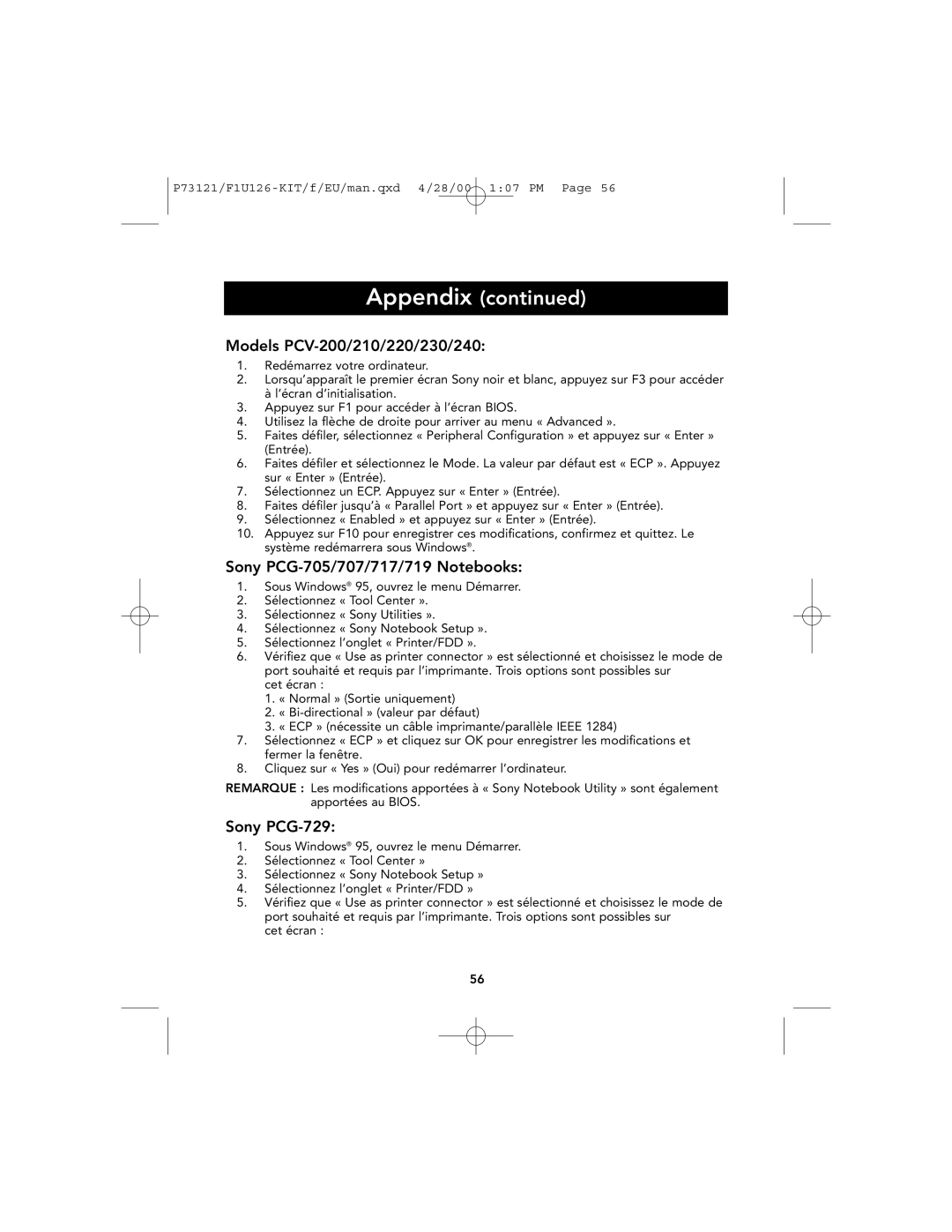 Belkin P73121 Appendix continued, Models PCV-200/210/220/230/240, Sony PCG-705/707/717/719 Notebooks, Sony PCG-729 