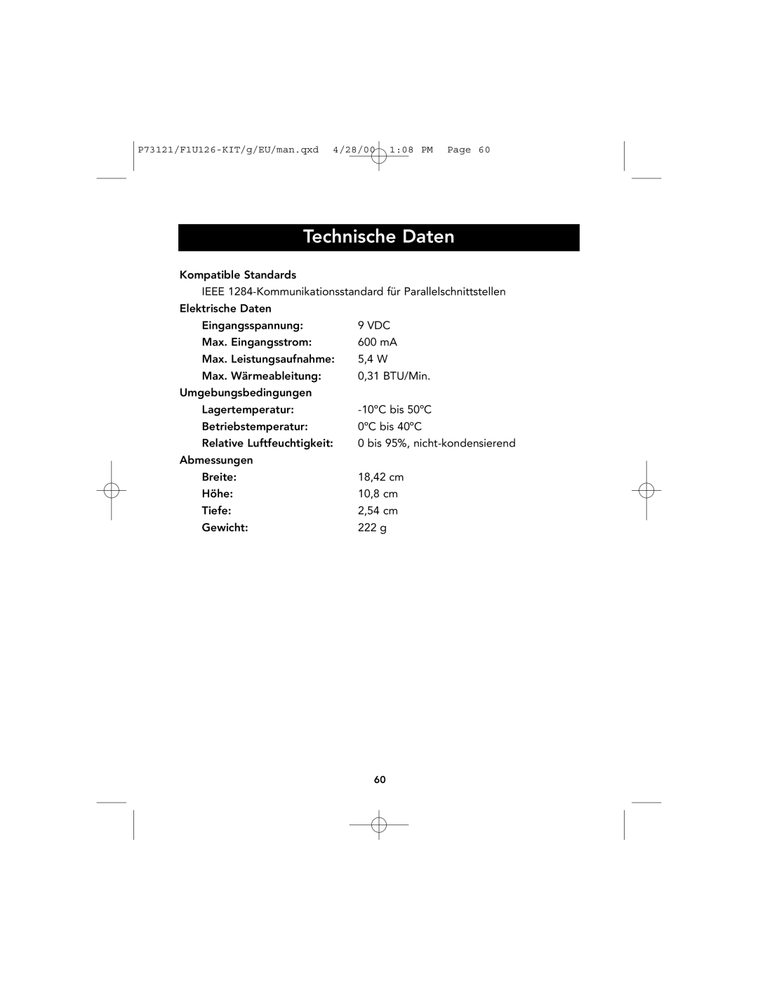 Belkin P73121, F1U126-KIT user manual Technische Daten, bis 95%, nicht-kondensierend 